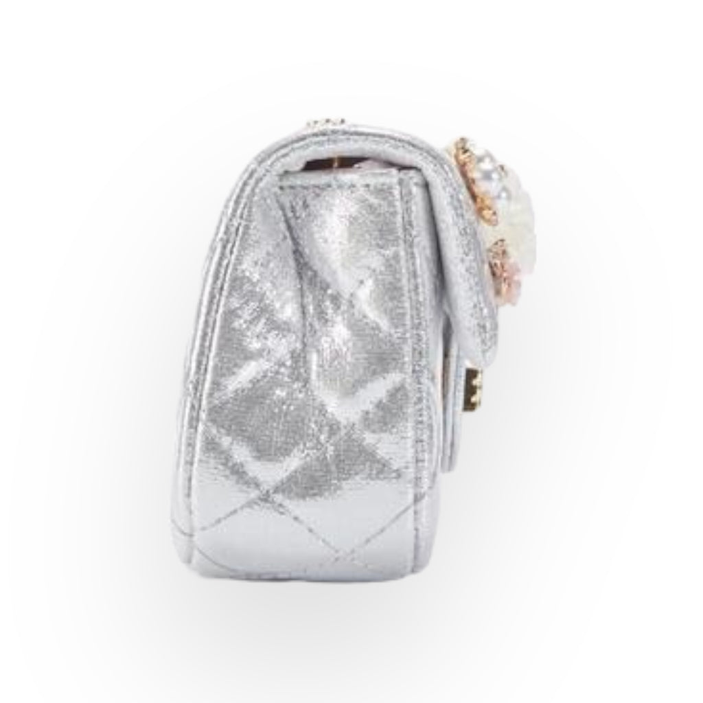 Doe A Dear Floral Shiny Quilted Purse, Silver