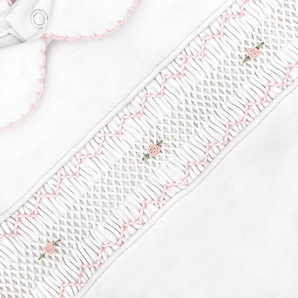 Tecomoabesos Smocked Footie, White with Pink