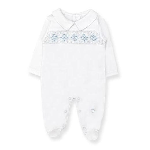 Tecomoabesos Smocked Footie, White with Light Blue