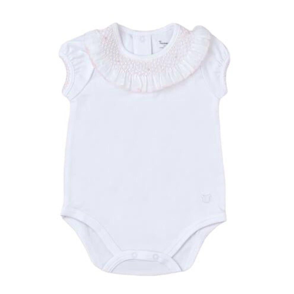 Tecomoabesos Smocked Bodysuit, White with Pink