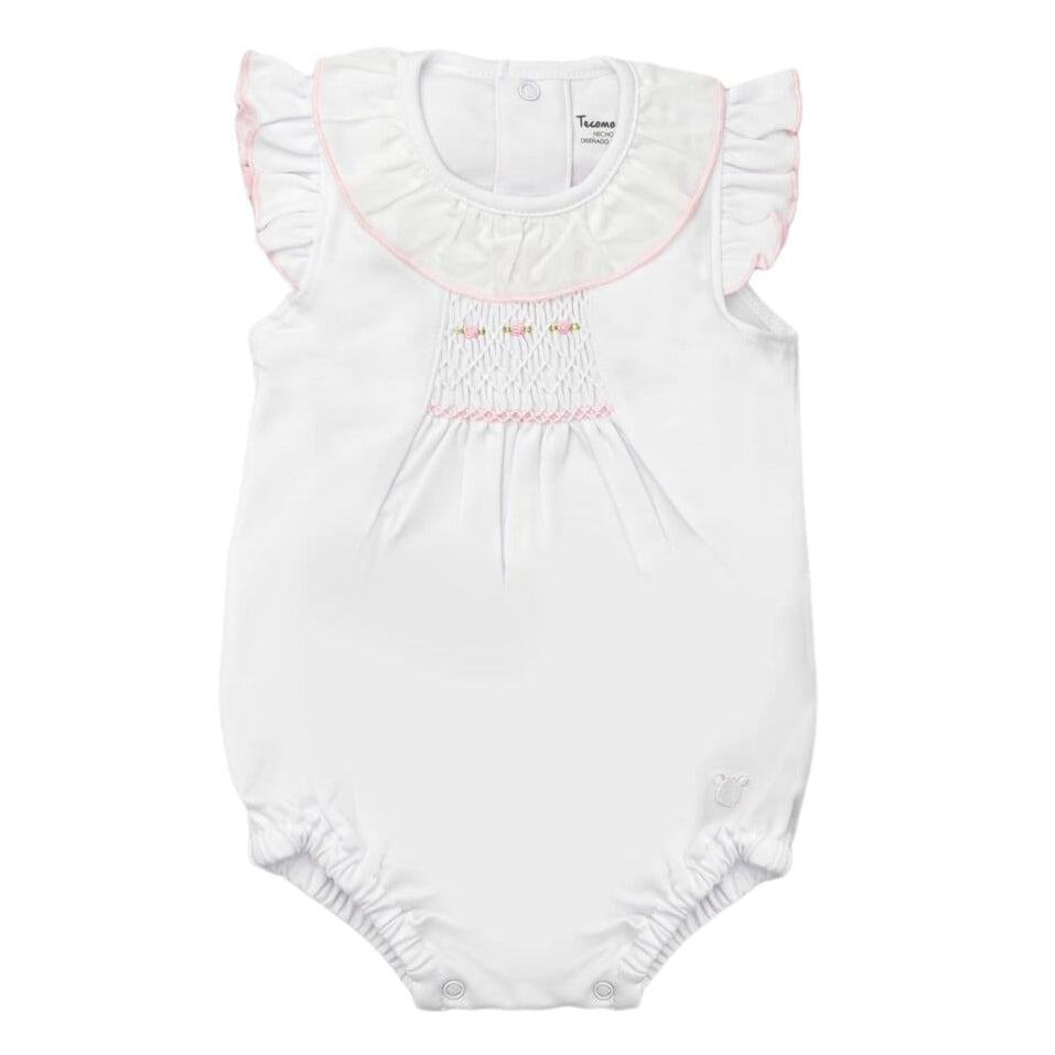 Tecomoabesos Smocked Sleeveless Romper, White with Pink