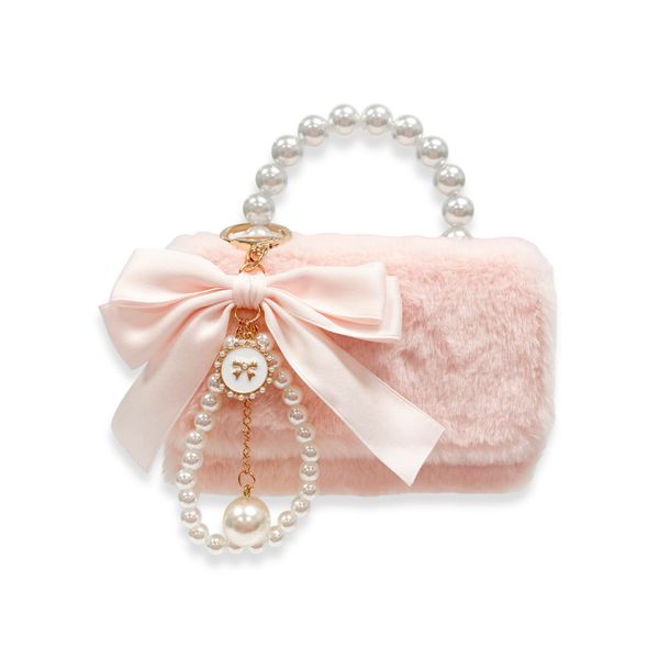 Doe A Dear Pink Furry Purse with Bow & Pearl Charm