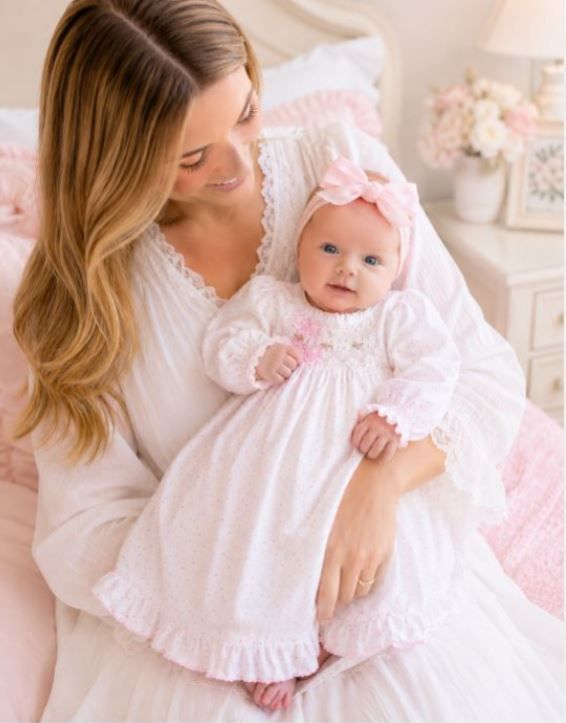 Baby Threads Rosebuds Dots Smocked Gown