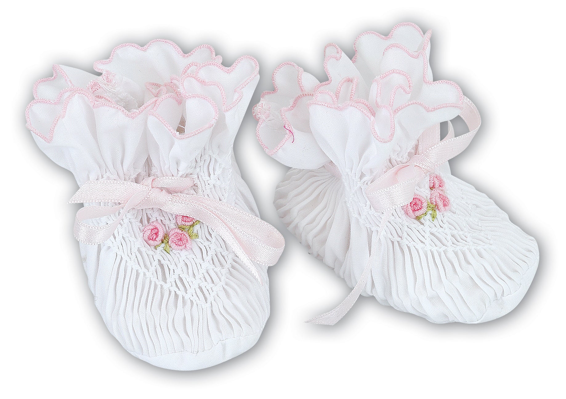 Sarah Louise White Smocked Booties with Pink Embroidery