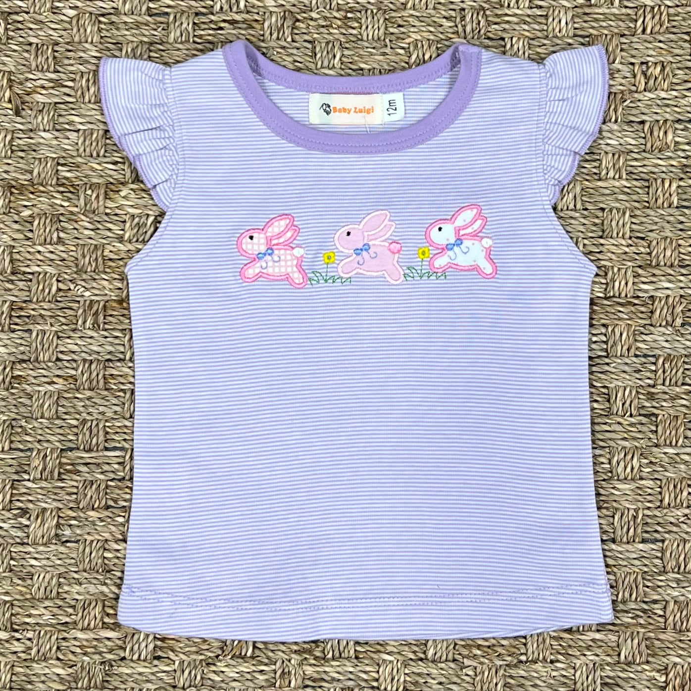 Luigi Flutter Sleeve Top, Three Bunnies on Lavender