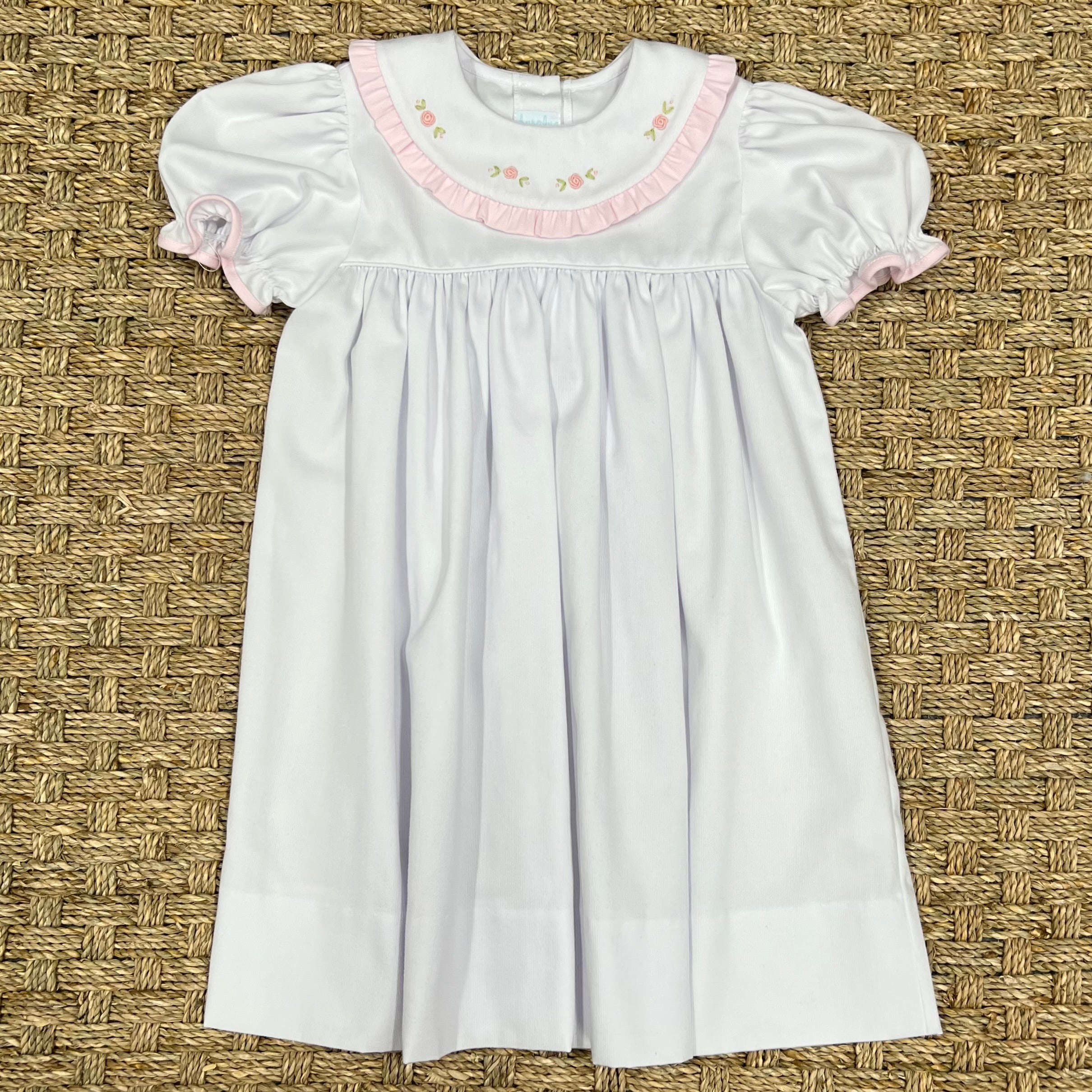 Auraluz White Pique Dress with Pink Rosebud Embroidery