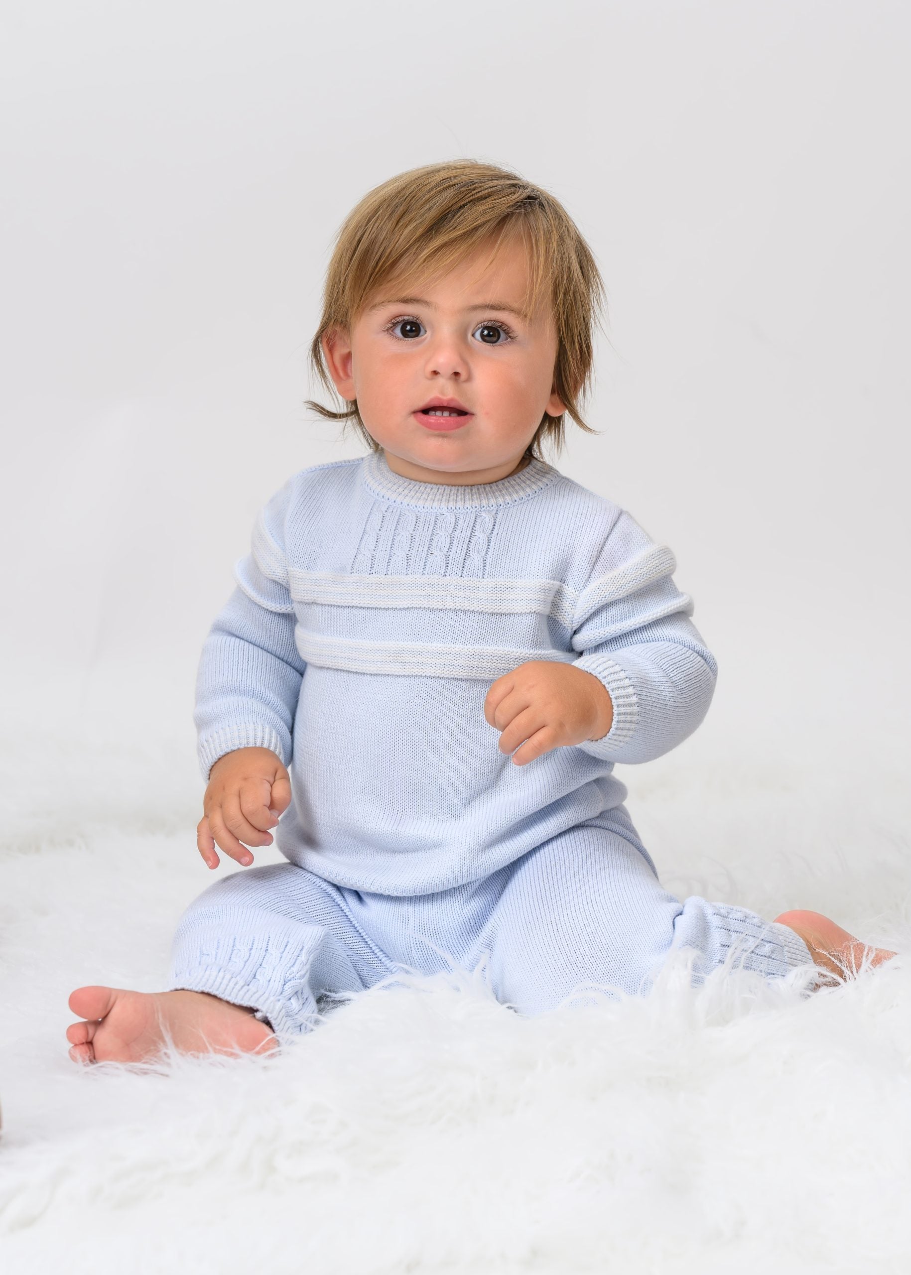 Sarah Louise Cable Knit Striped Knit Set, Light Blue