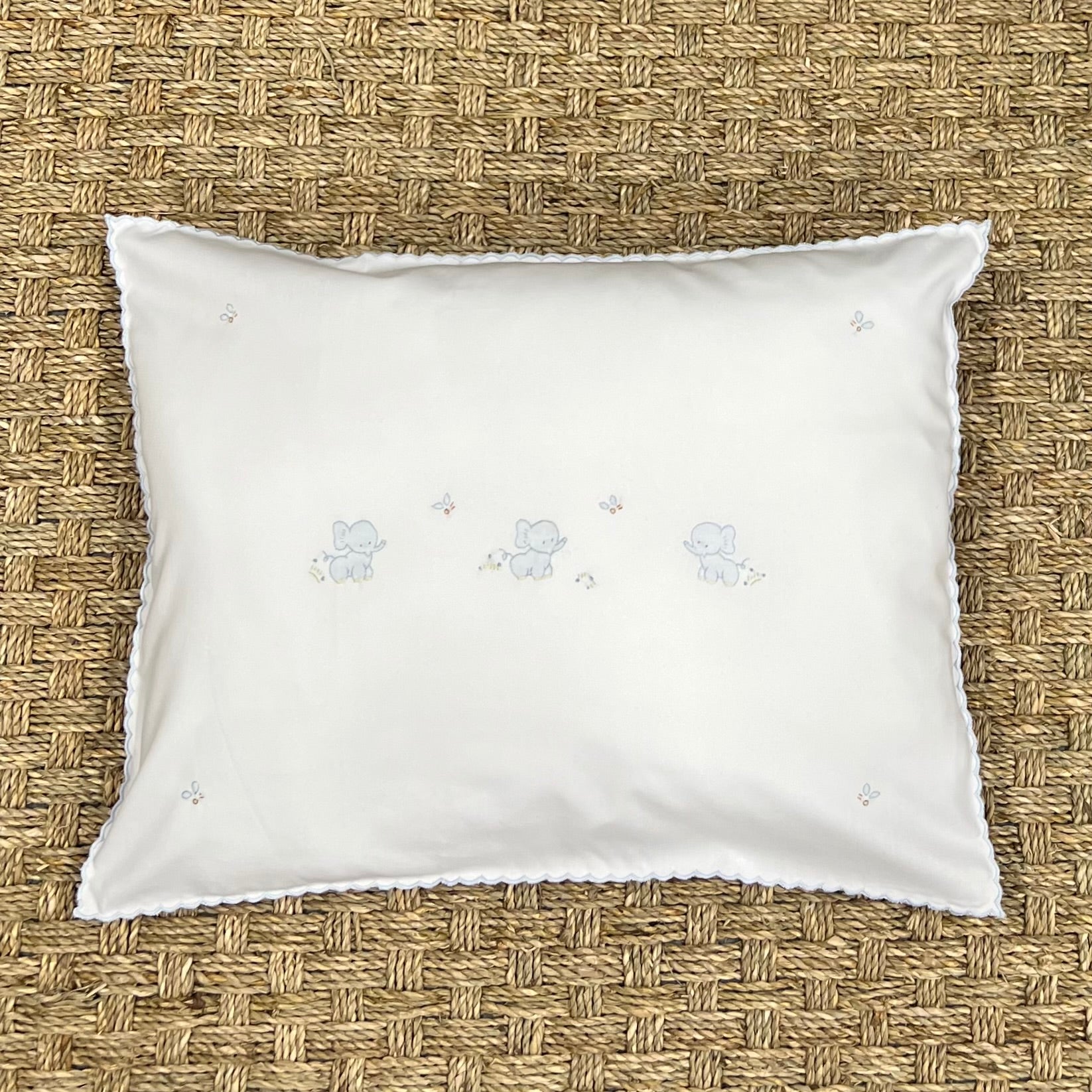 Auraluz White Pillow with Blue Embroidered Elephants