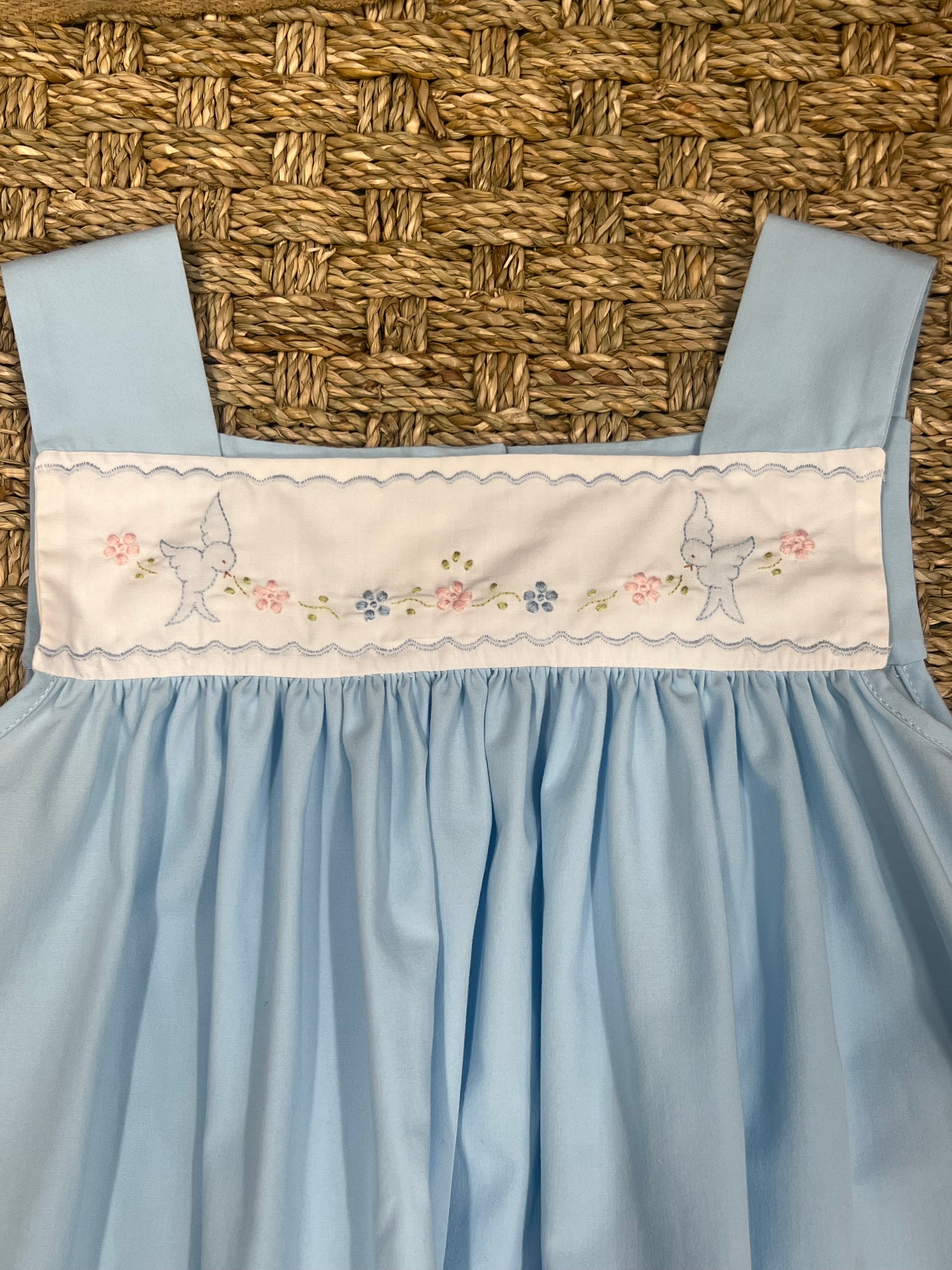 Auraluz Blue Sun Dress with Blue Bird Embroidery