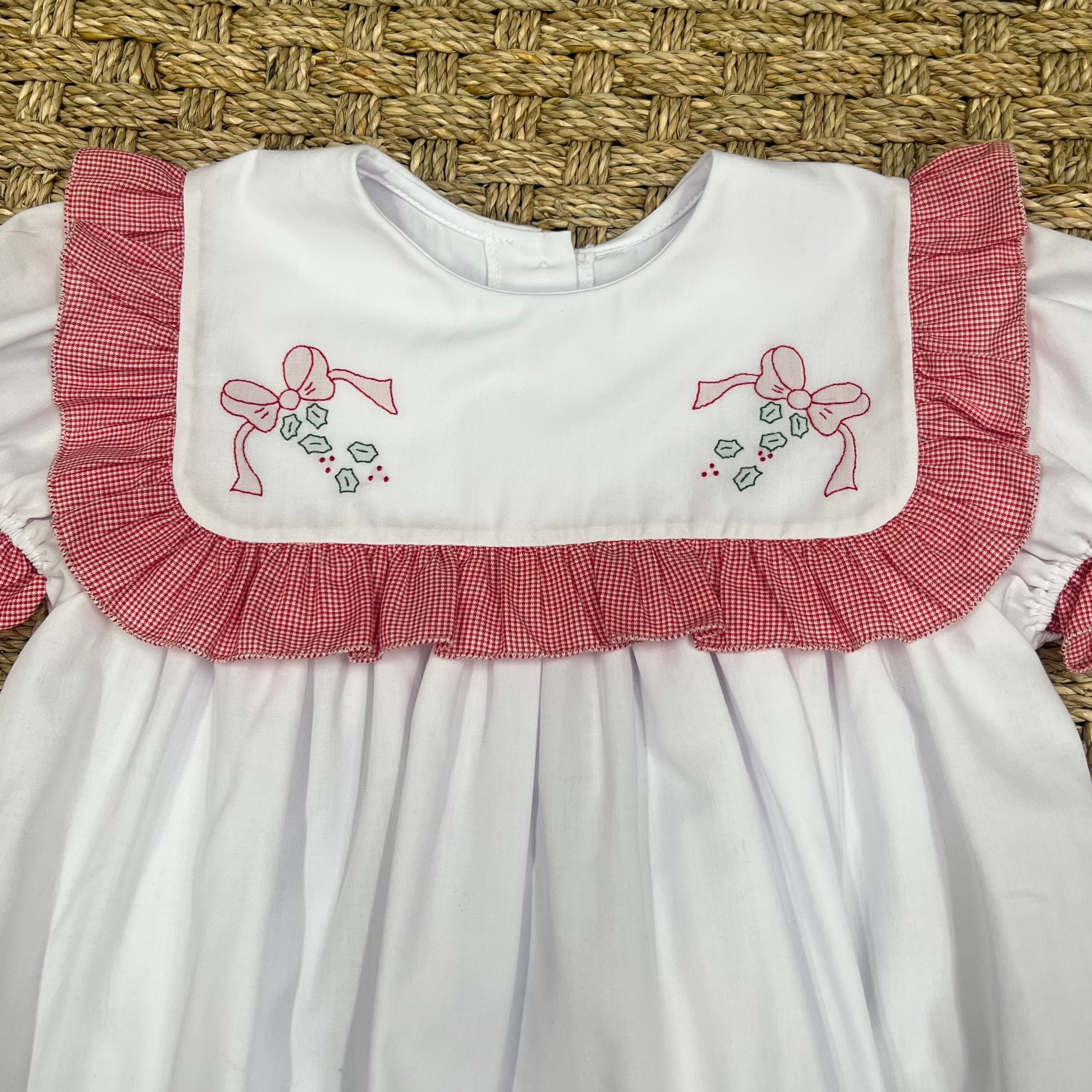 Auraluz Dress with Red Checks and Christmas Bow Embroidery