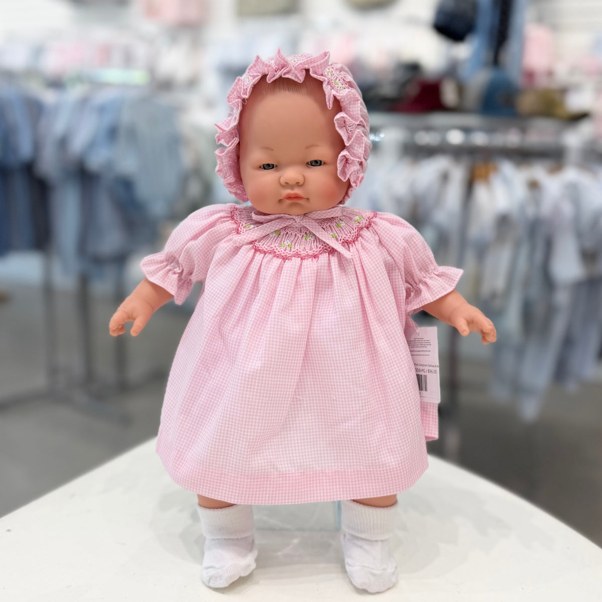 Rosalina Emma Bald Doll with Pink Gingham Bishop & Bonnet