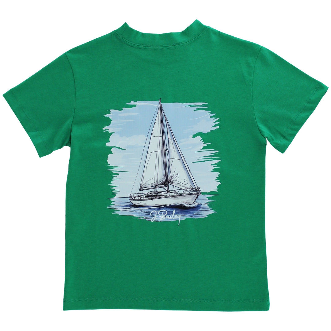Bailey Boys Short Sleeve Logo Tee , Sailboat on Green