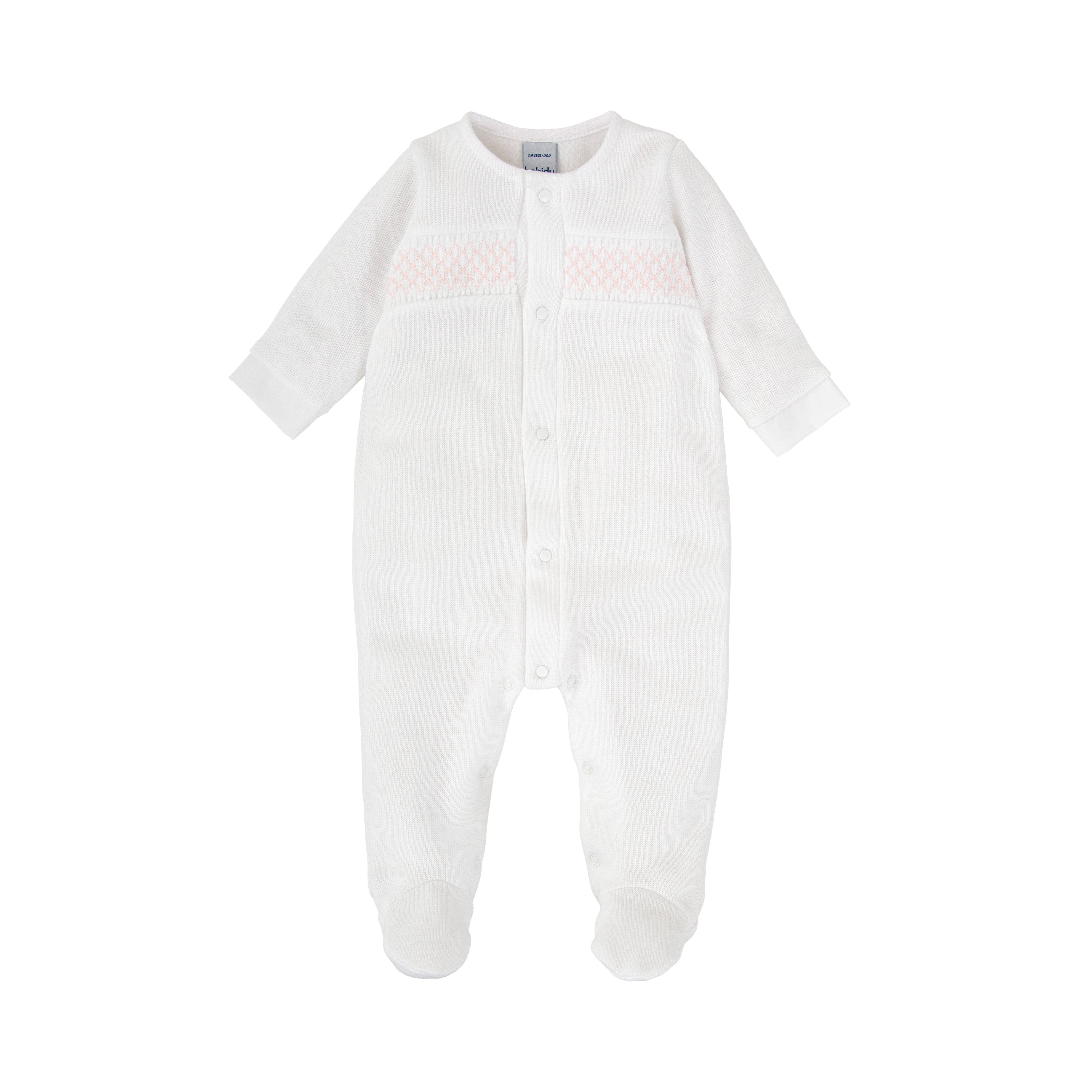 Babidu White Cotton Babygrow with Pink Smocking