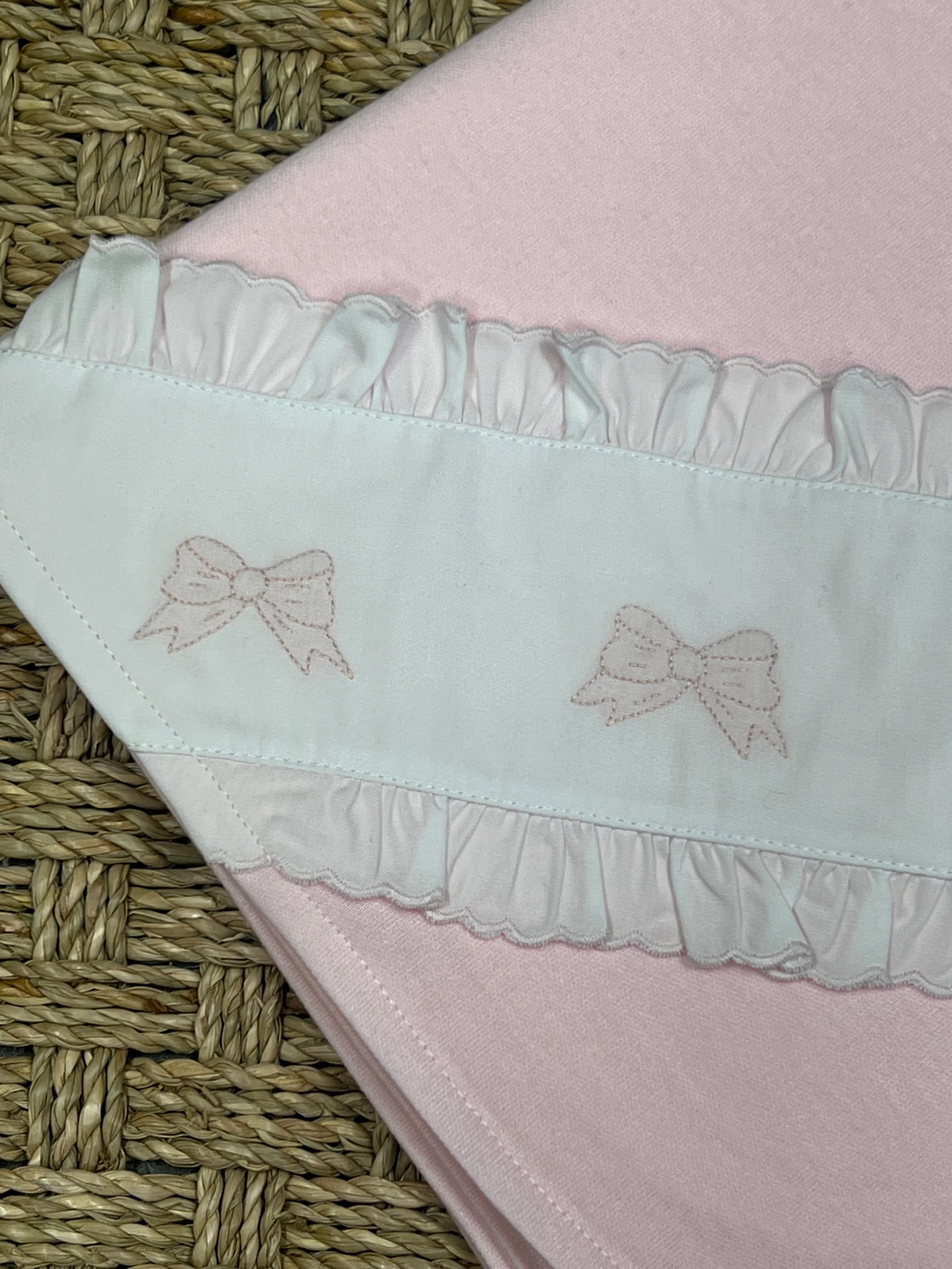 Auraluz Pink Knit Blanket with Bow Ribbon Embroidery