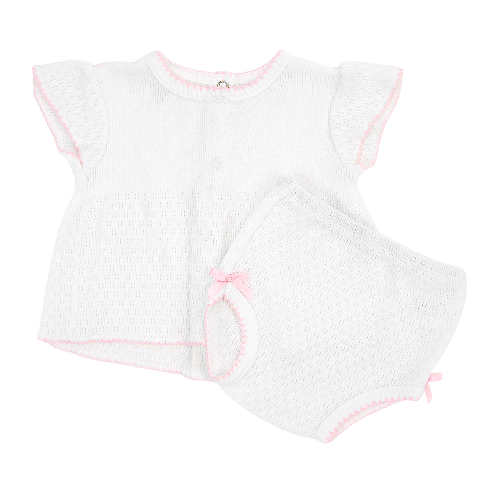 Paty Flutter Sleeve Diaper Set, White with Pink Trim