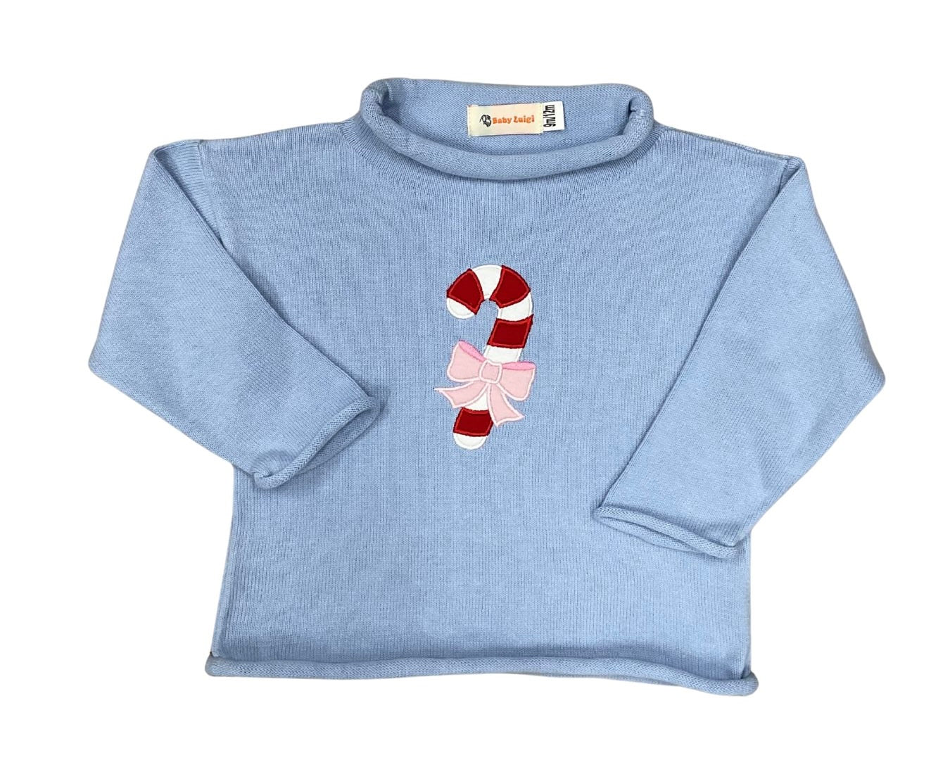 Luigi Fine Gauge Rollneck, Candy Cane with Bow on Sky Blue
