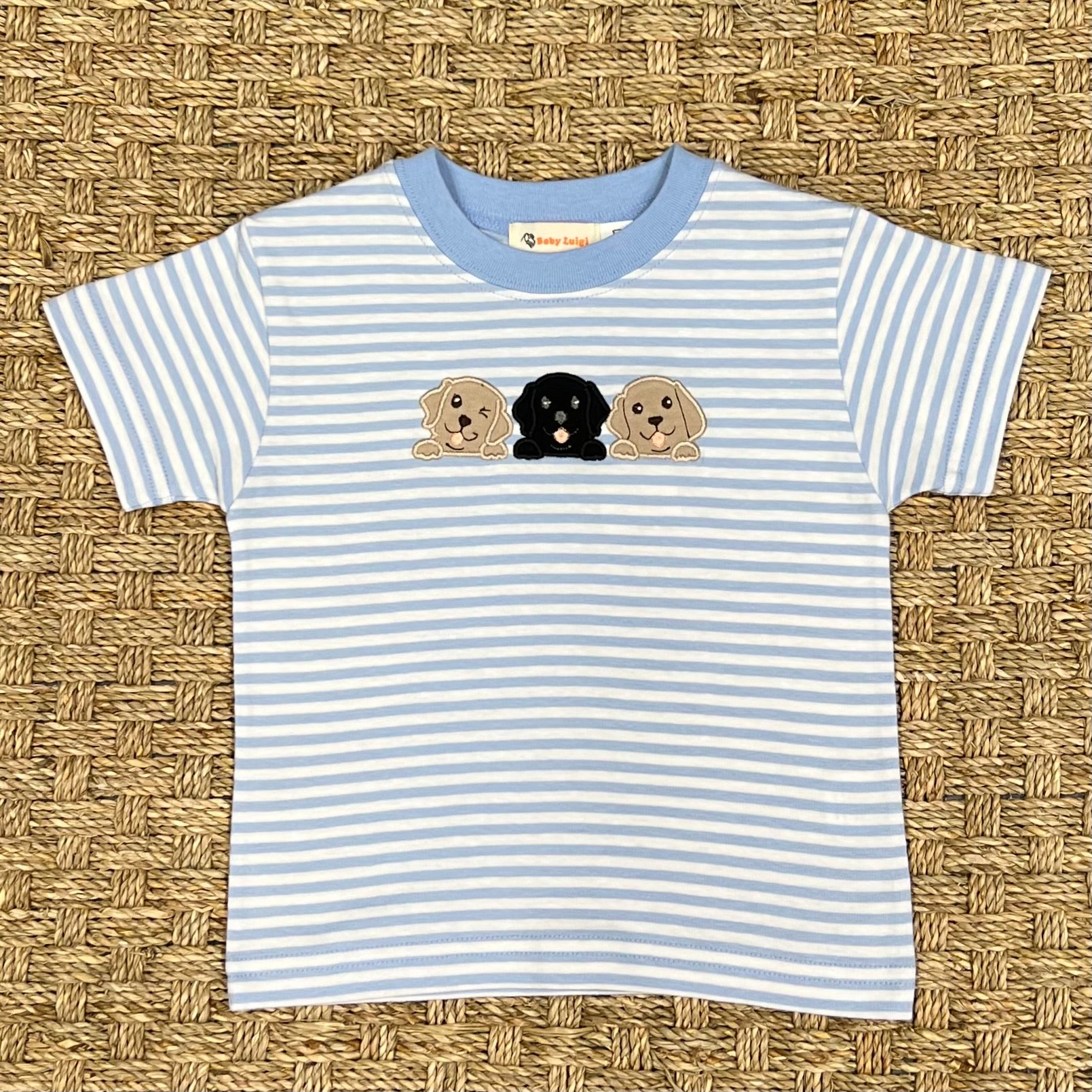 Luigi Tee, Lab Puppies on Sky Blue Stripe