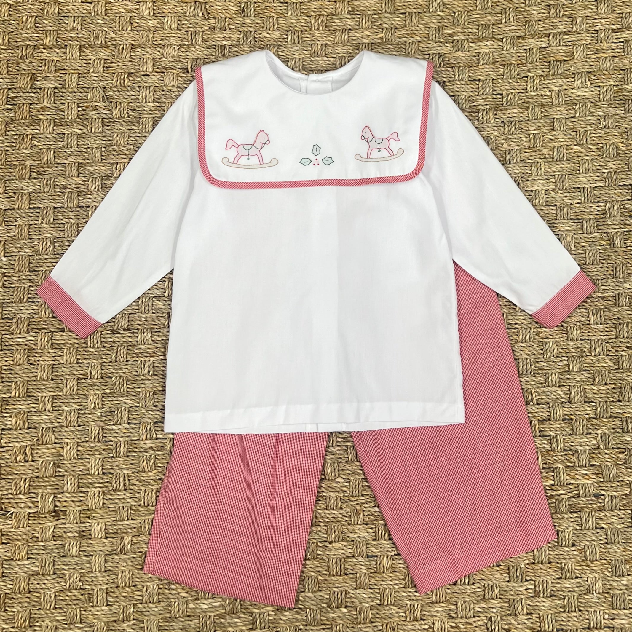 Auraluz Pant Set with Red Checks and Christmas Horse Embroidery