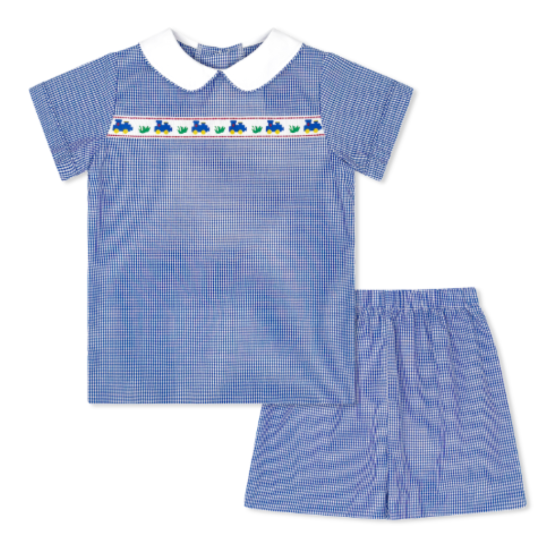 Lullaby Set Sibley Short Set, Train Embroidery