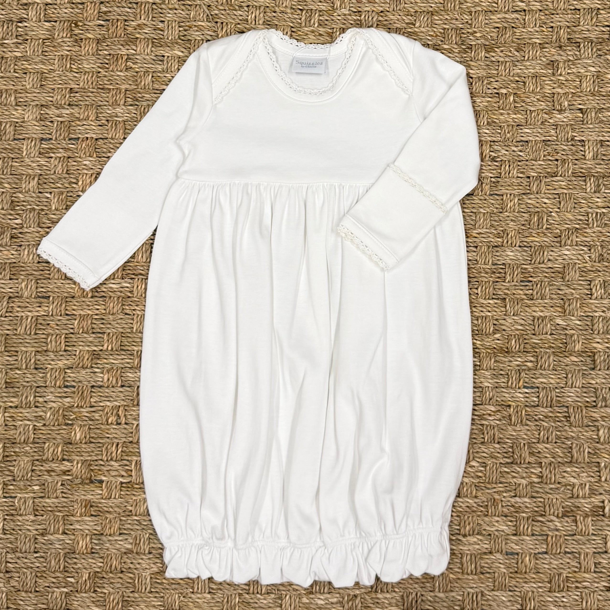 Squiggles White Lap Shoulder Gown with White Crochet Trim