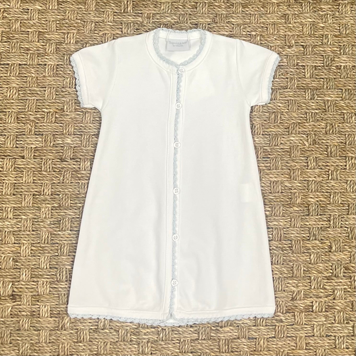 Squiggles Short Sleeve White Daygown with Blue Crochet Trim