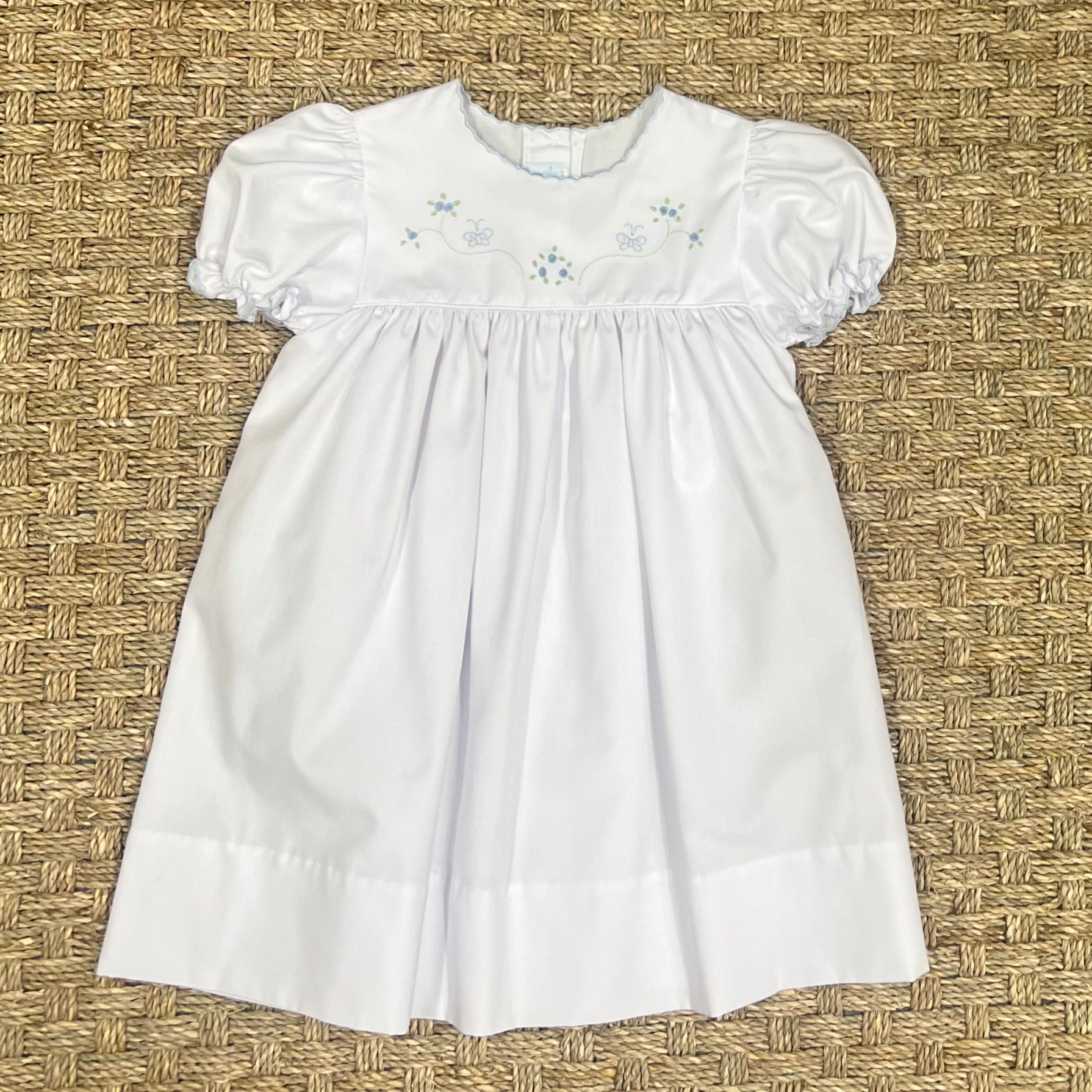 Auraluz White Dress with Blue Rosebud Embroidery