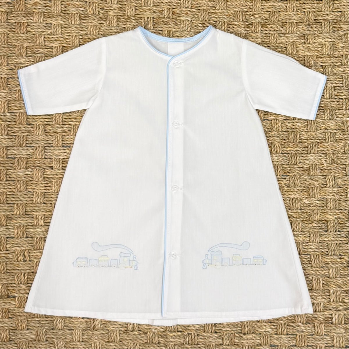 Auraluz Daygown with Train Embroidery & Blue Trim