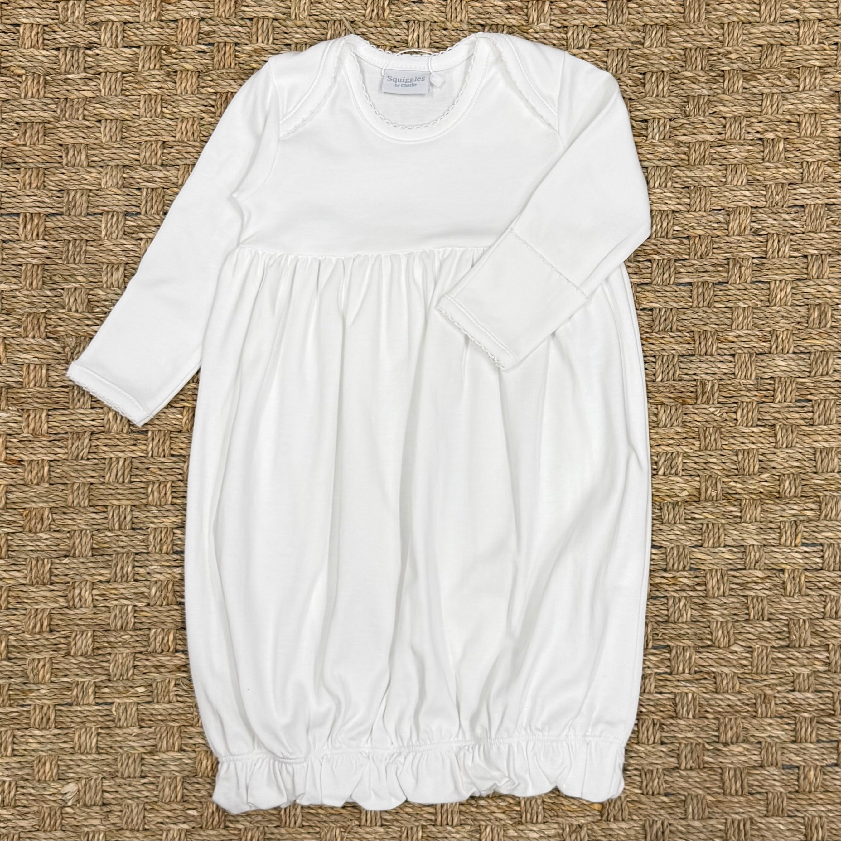 Squiggles White Lap Shoulder Gown with White Picot Trim
