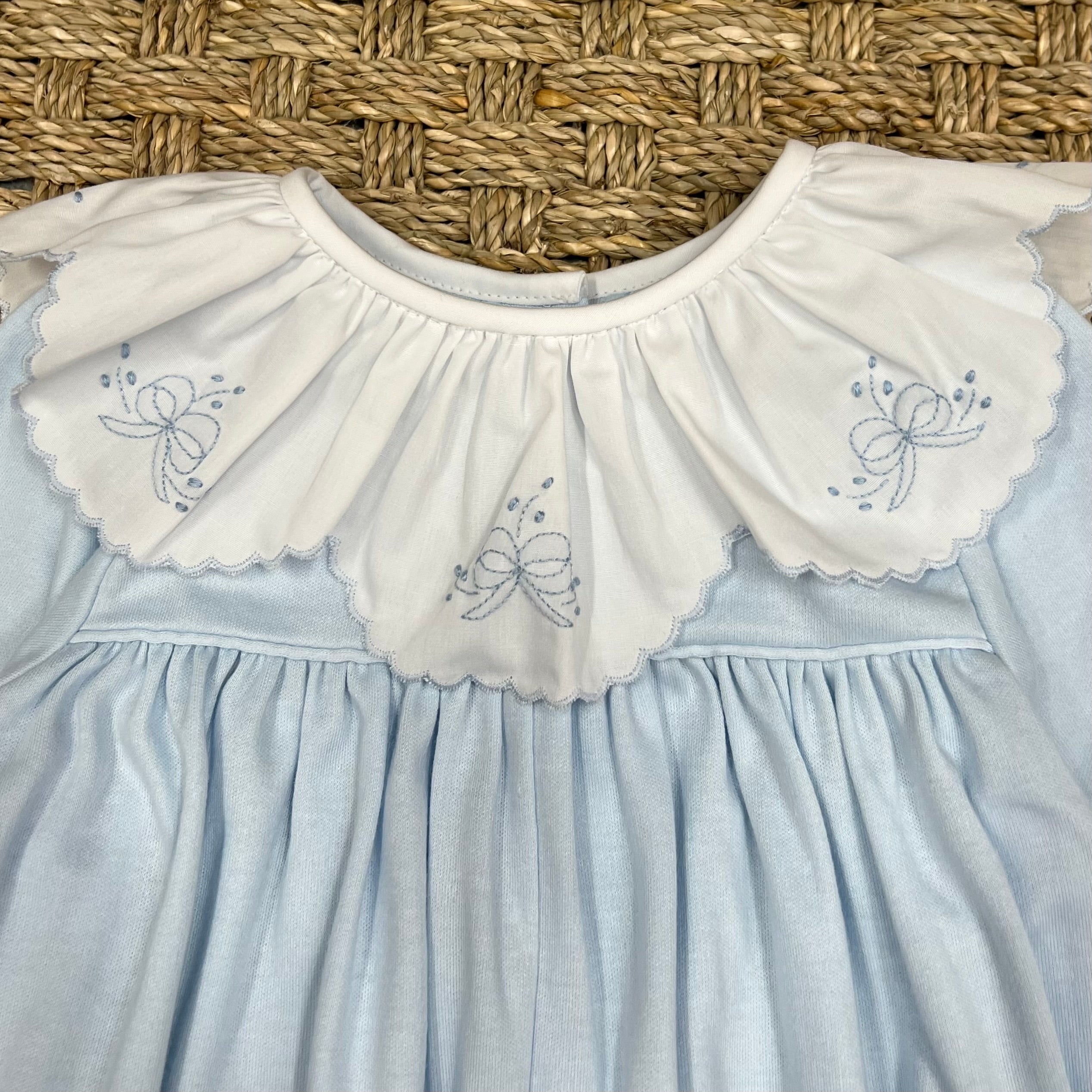 Auraluz Blue Knit Longall with Bow and Leaves Embroidery