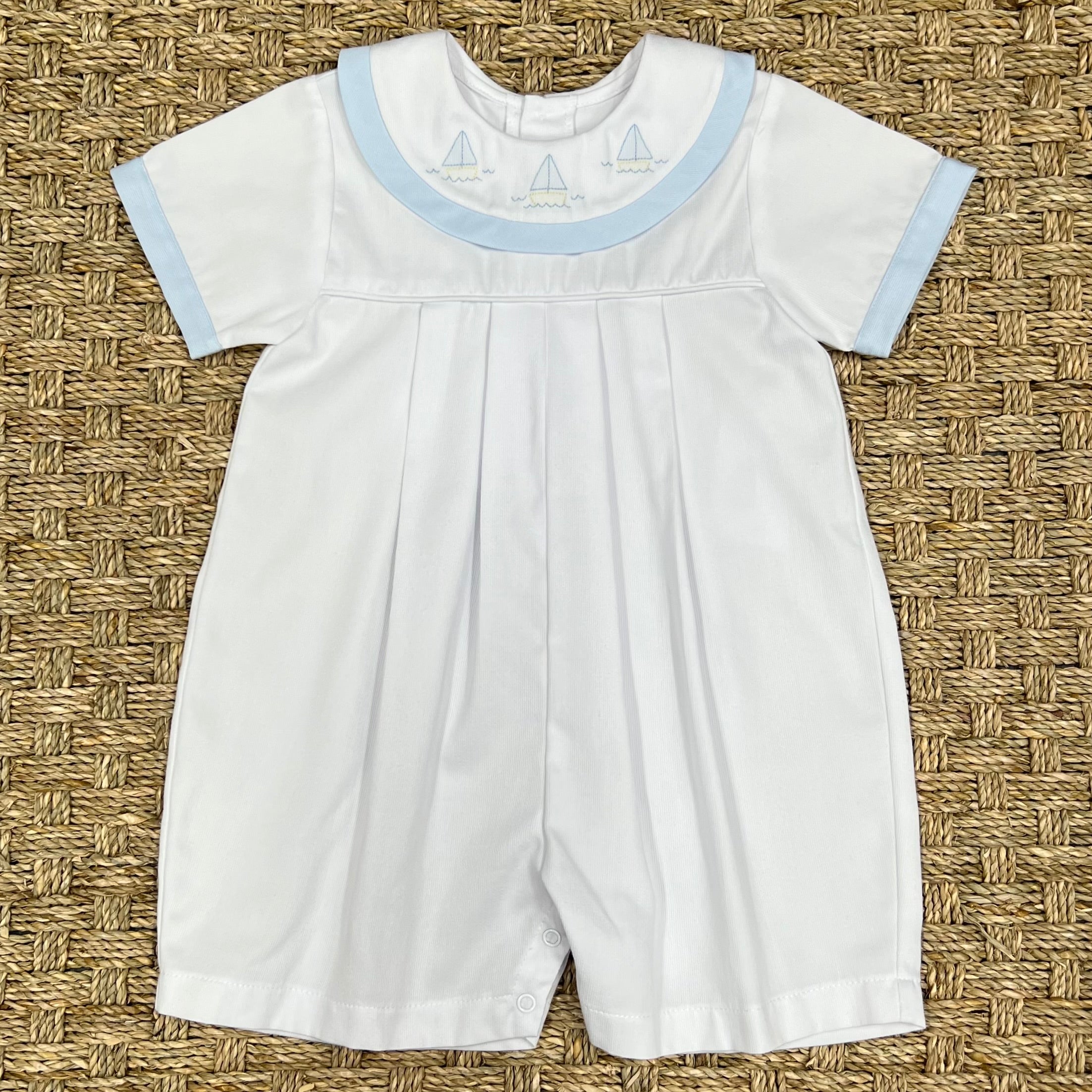 Auraluz White Pique Shortall with Blue Boat Embroidery