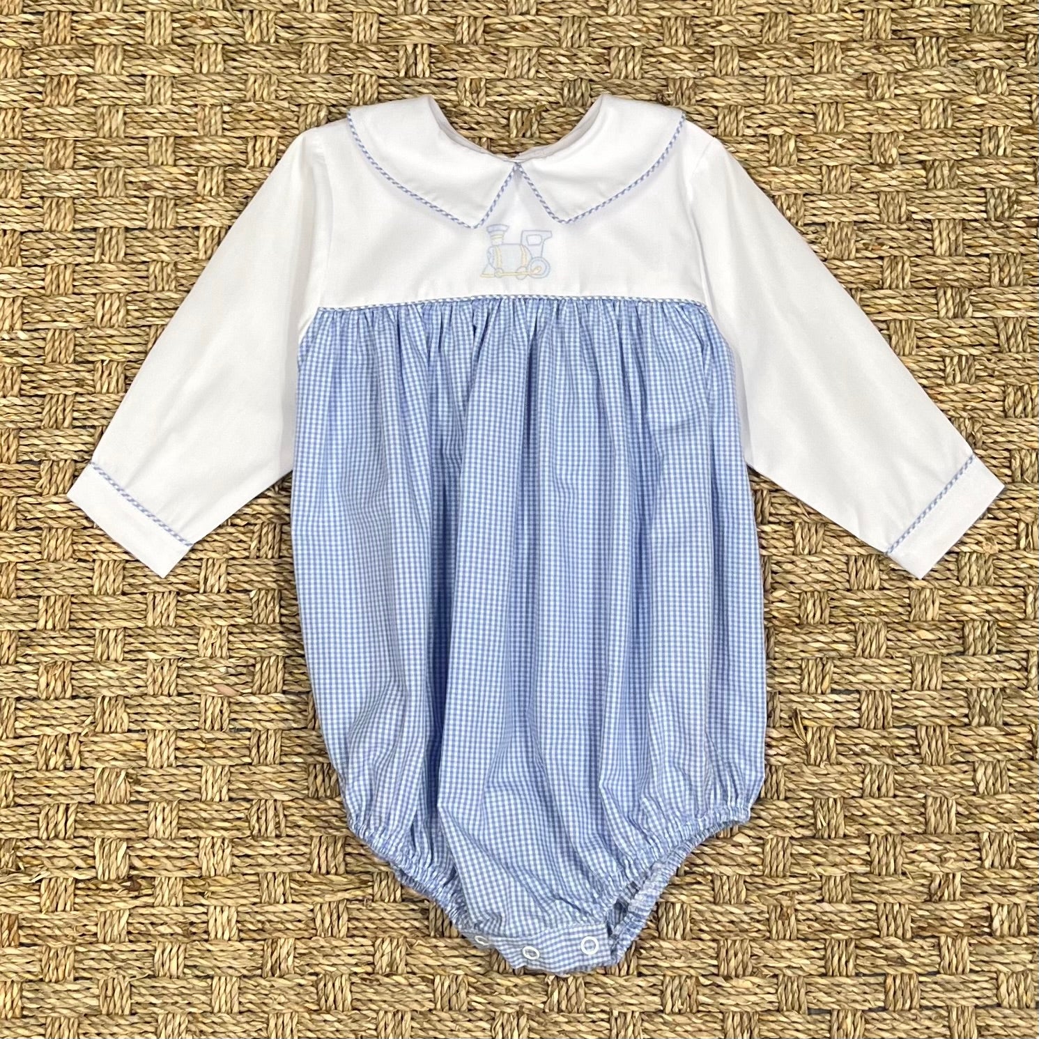 Auraluz Blue Check Bubble with Train Embroidery
