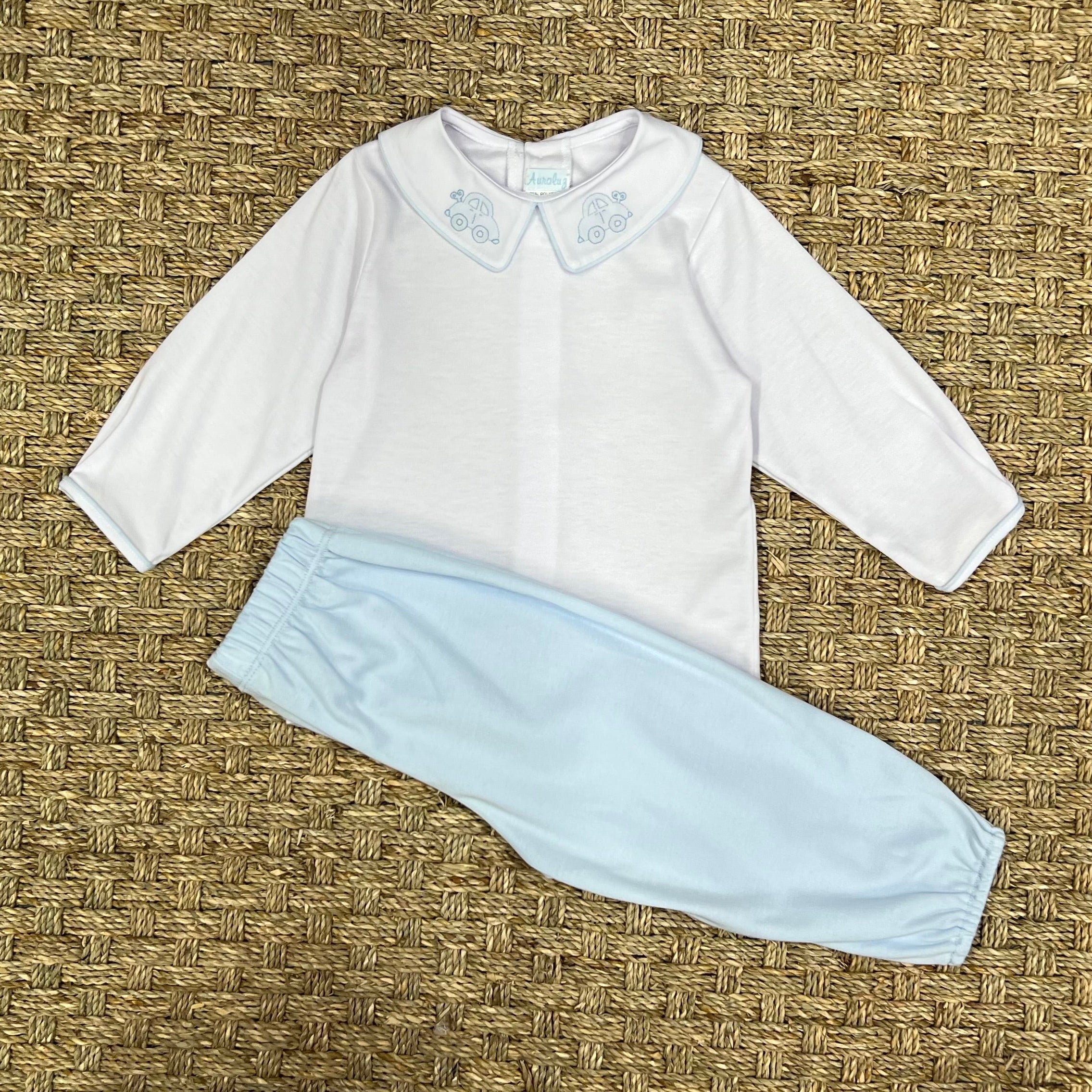 Auraluz Blue Knit Pant Set with Wind Up Car Embroidery