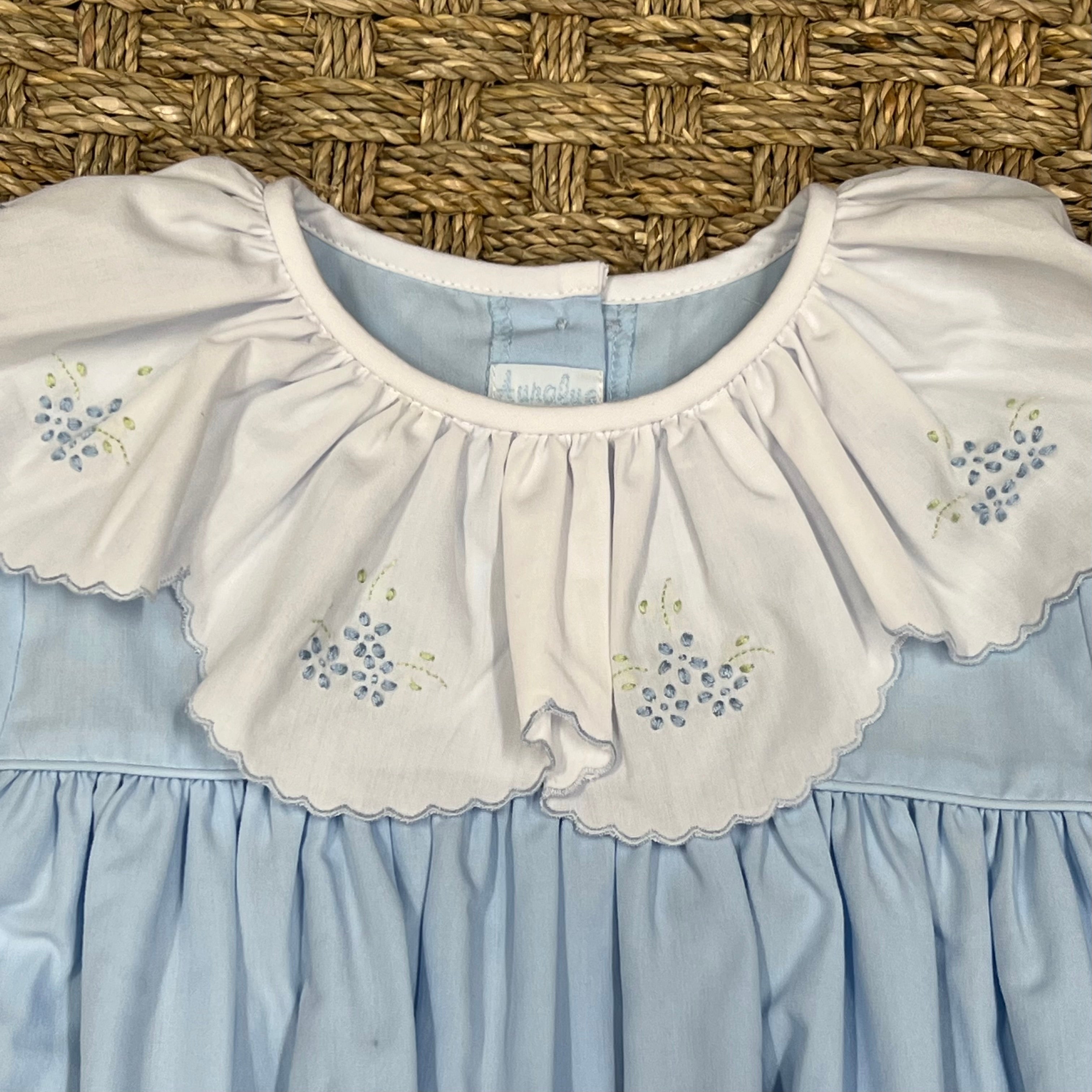 Auraluz Blue Knit Dress with Satin Flower Embroidery