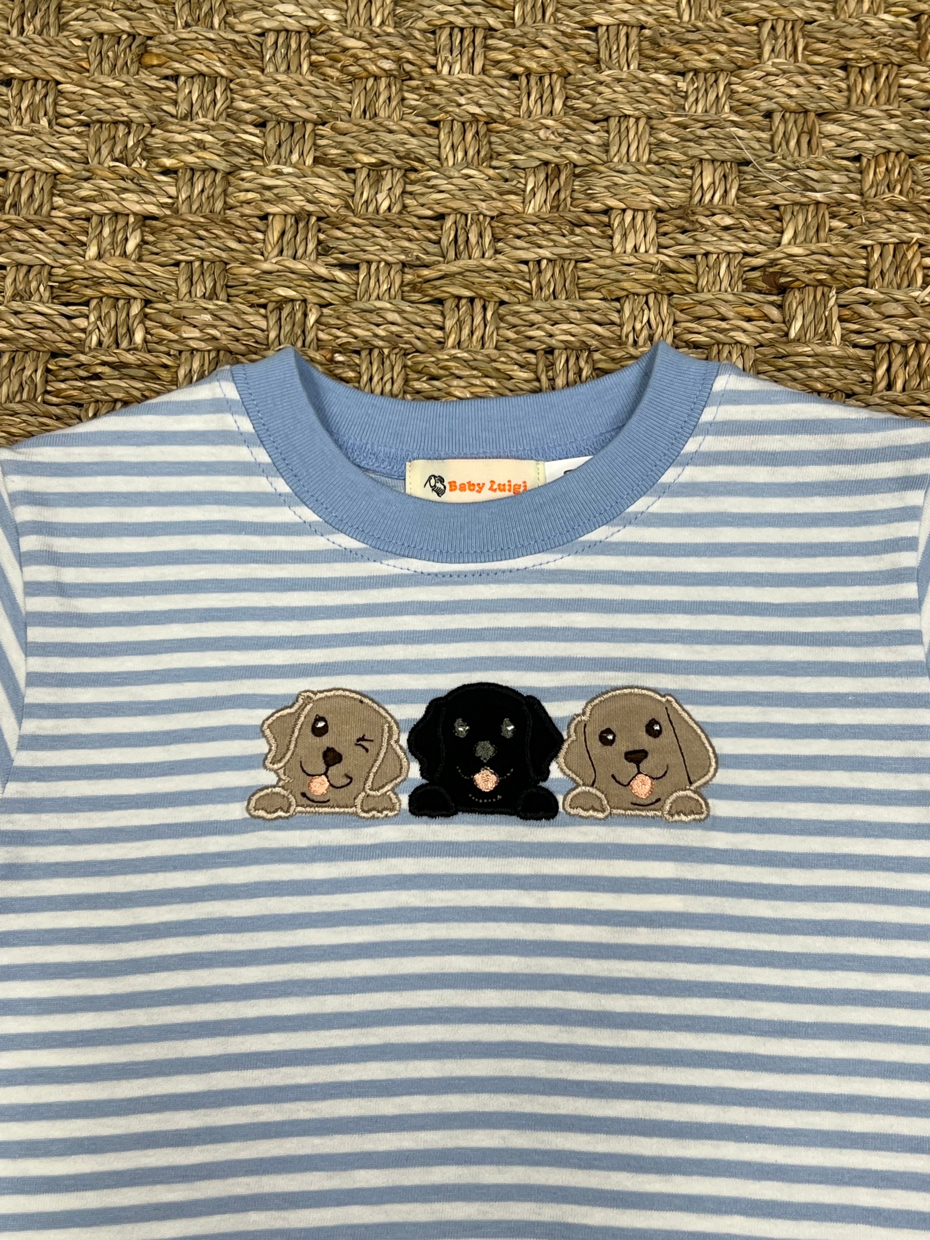 Luigi Tee, Lab Puppies on Sky Blue Stripe