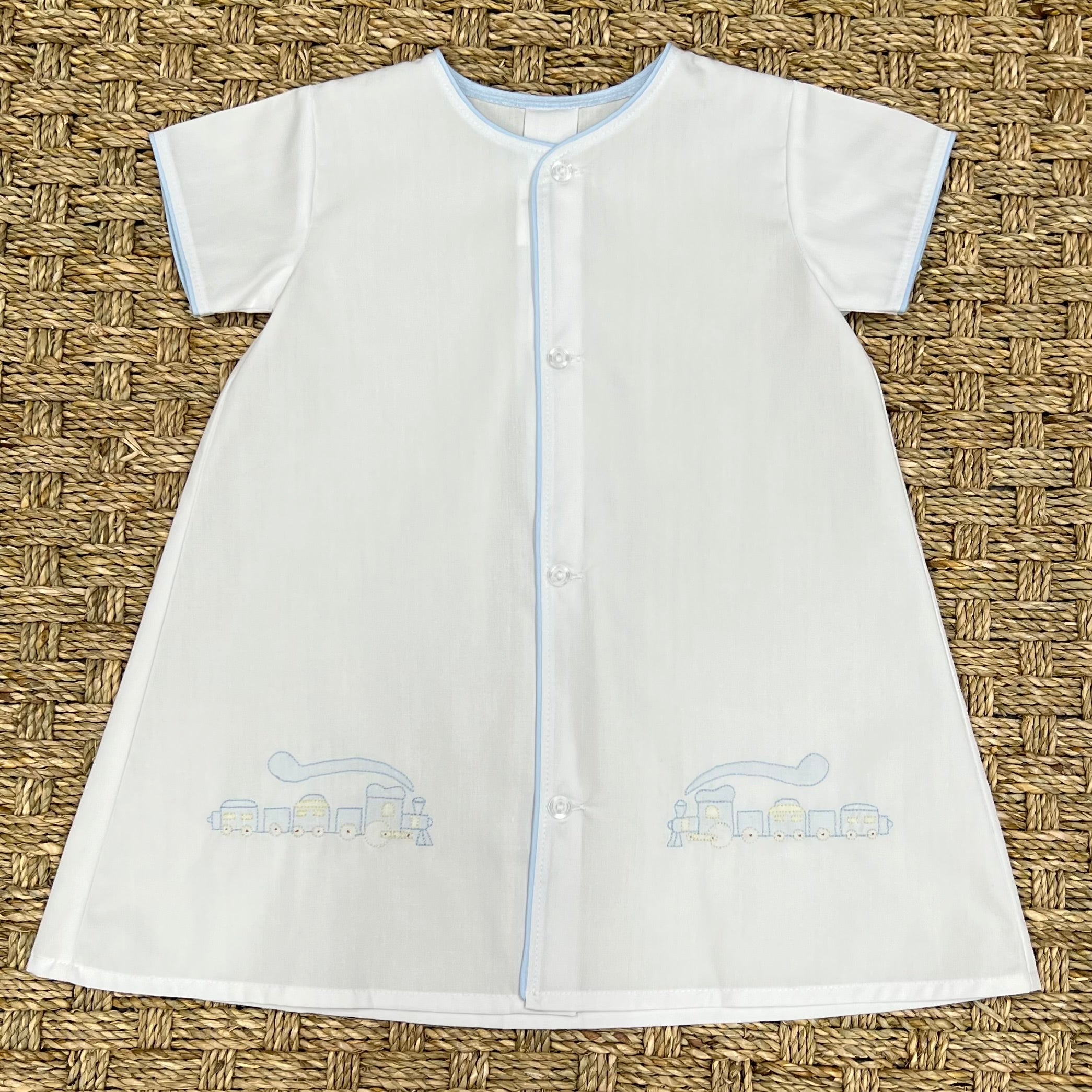 Auraluz White Day Gown with Blue Train Embroidery & Trim