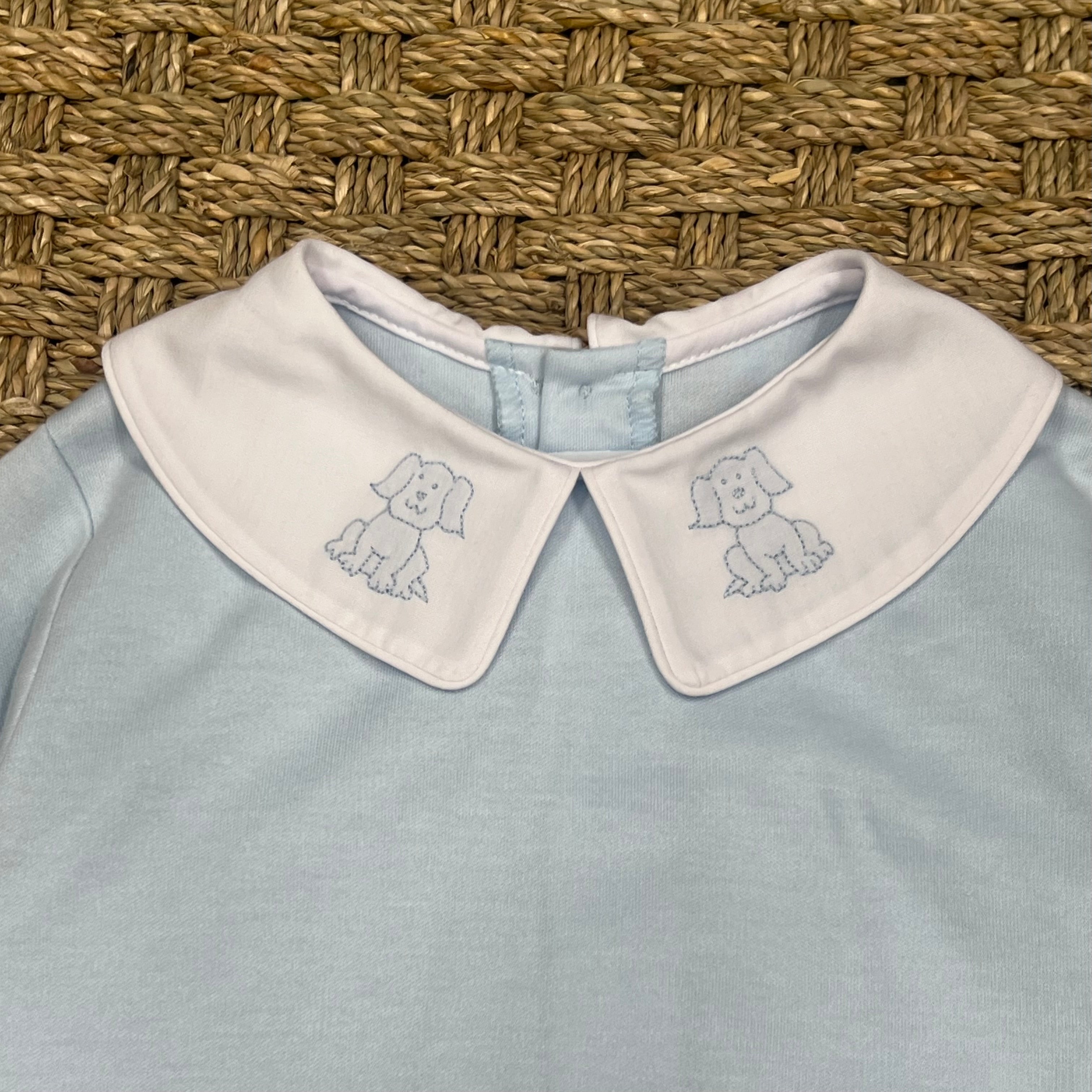 Auraluz Blue Knit Pant Set with Puppy Embroidery