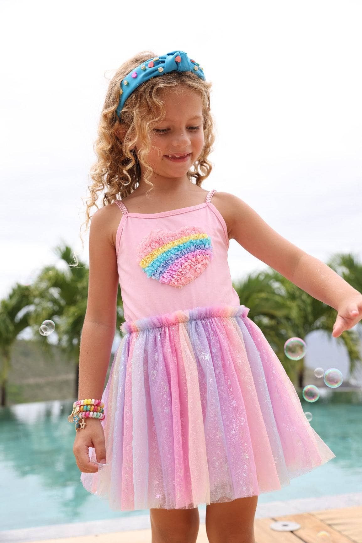 Lola & The Boys 3D Rainbow Heart Shimmer Dress