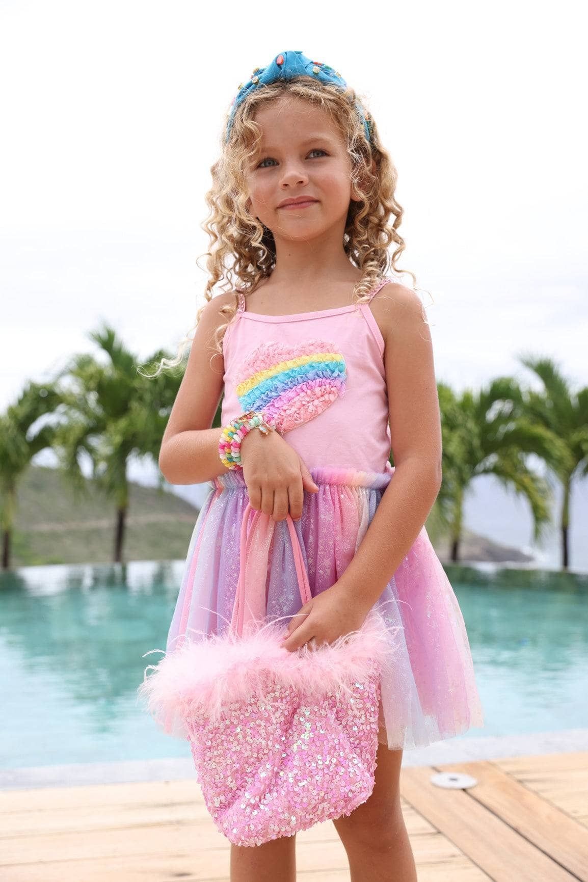 Lola & The Boys 3D Rainbow Heart Shimmer Dress