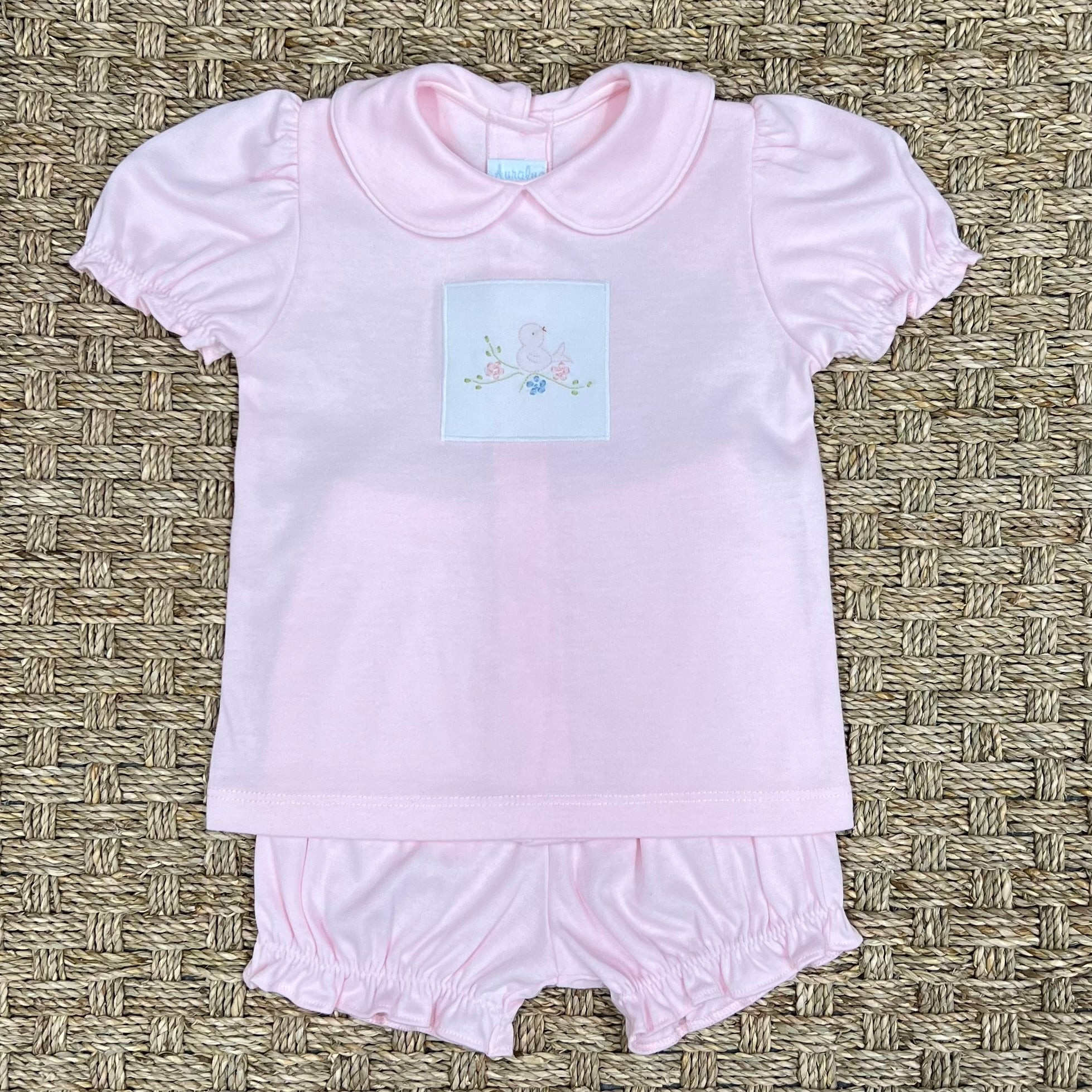 Auraluz Pink Knit Bloomer Set with Bird Embroidery