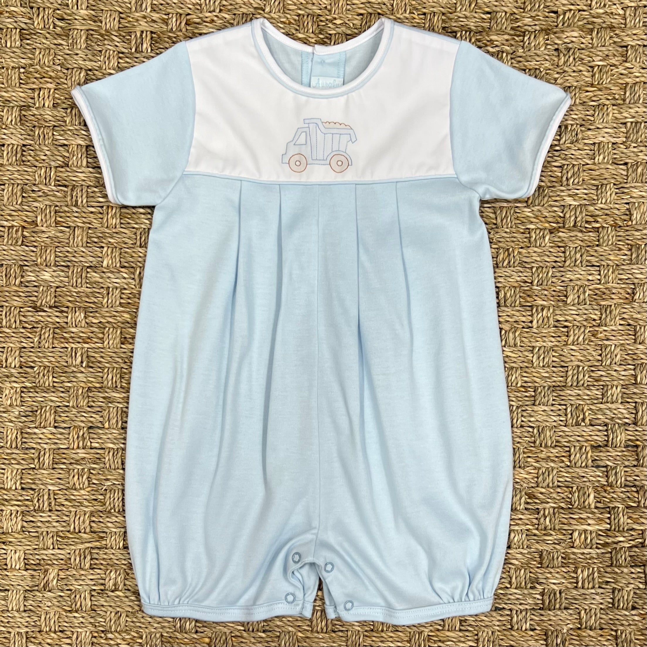 Auraluz Blue Knit Shortall with Dump Truck Embroidery