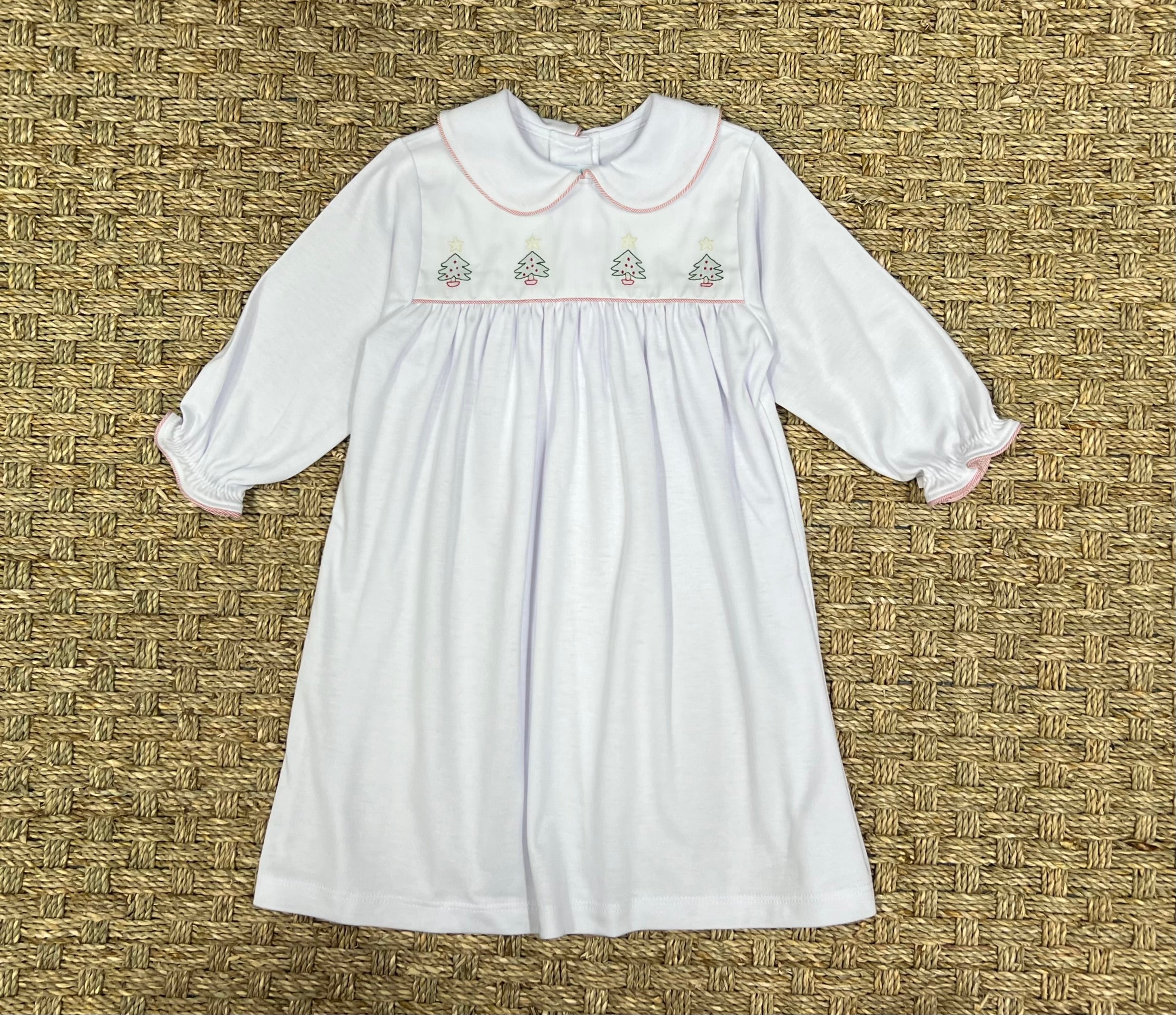 Auraluz White Knit Dress with Red Tiny Tree Embroidery