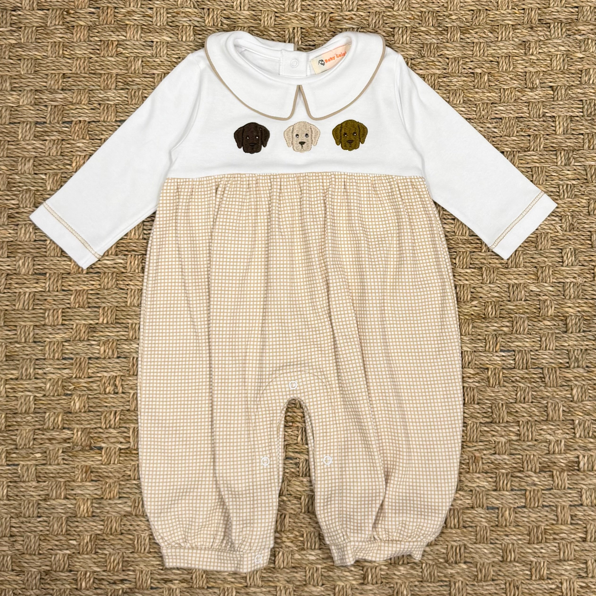 Luigi Collared Romper, Three Labs on Sand Check