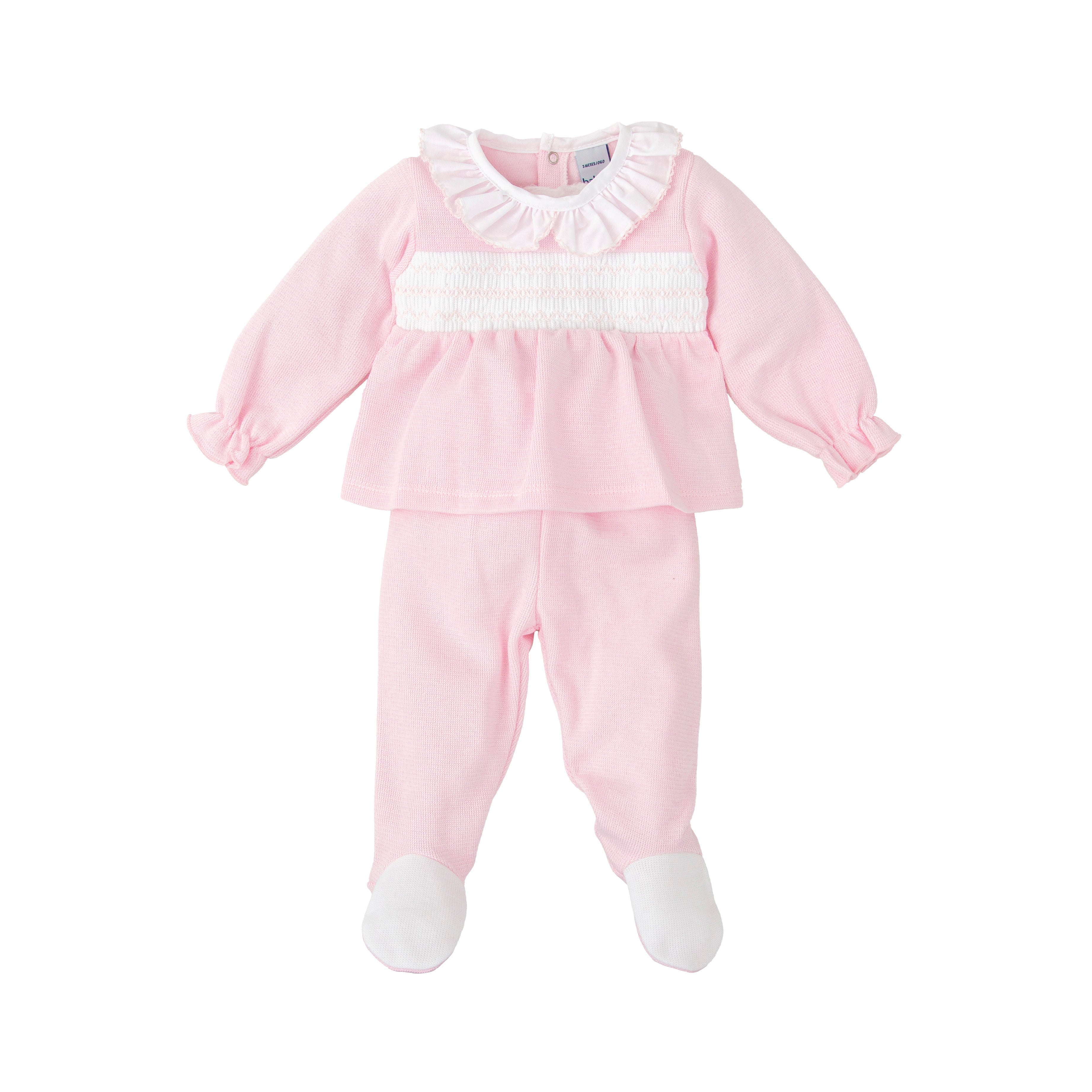 Babidu Pink Smocked Pant Set with Ruffle Collar