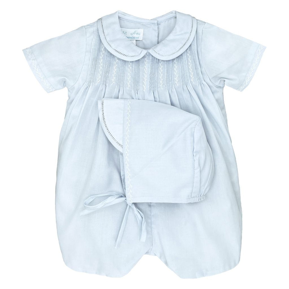 Petit Ami Light Blue Romper with Pintucks