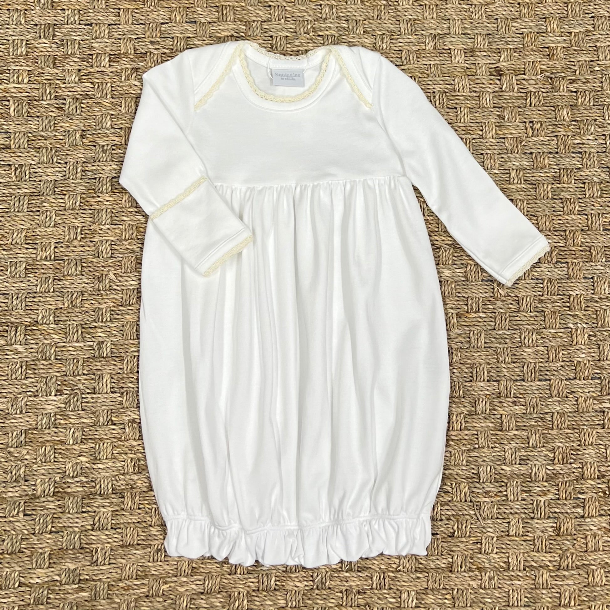 Squiggles White Lap Shoulder Gown with Ecru Trim