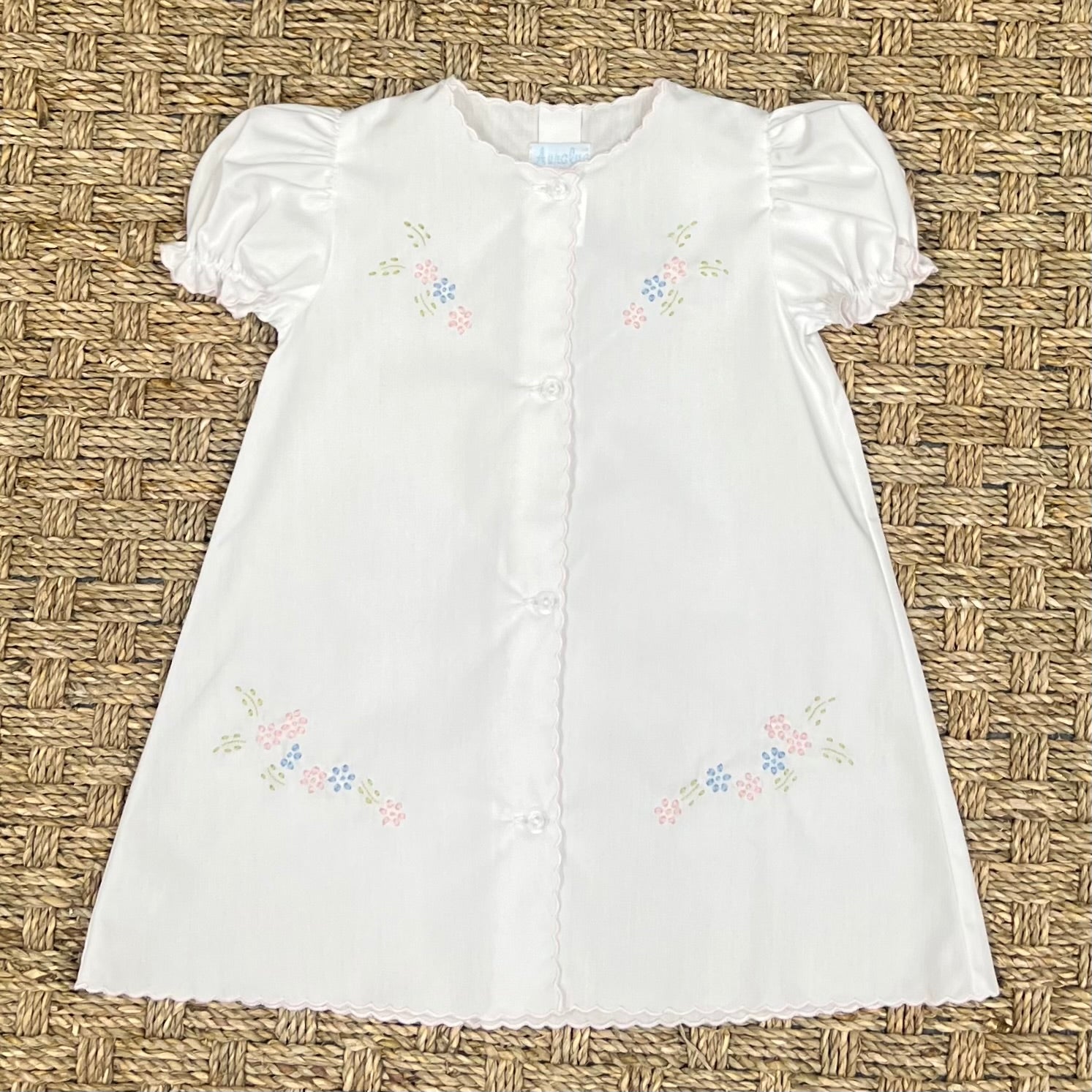 Auraluz White Daygown with Pink Flowers Embroidery