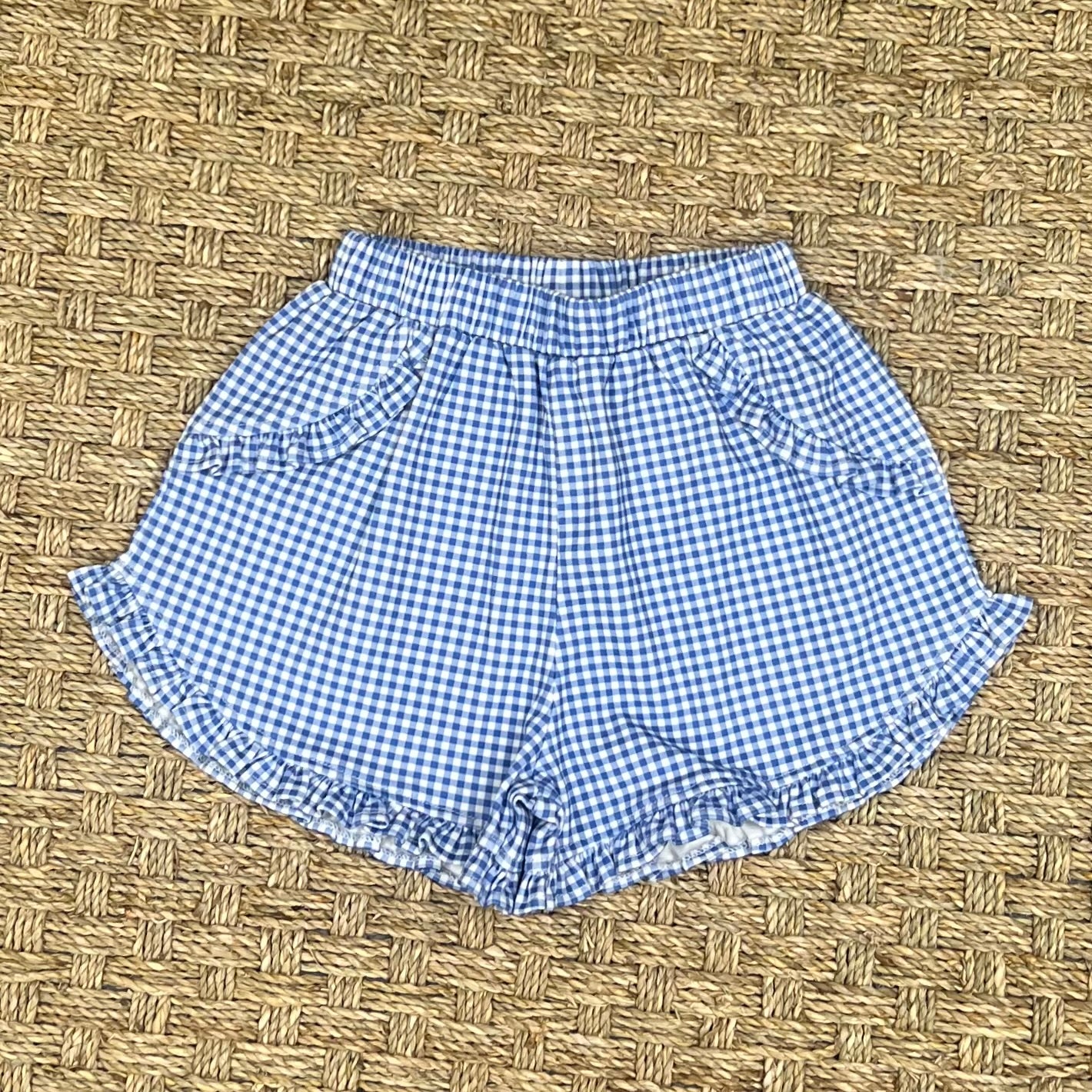 James & Lottie Kinley Ruffled Pima Shorts, Blue Gingham