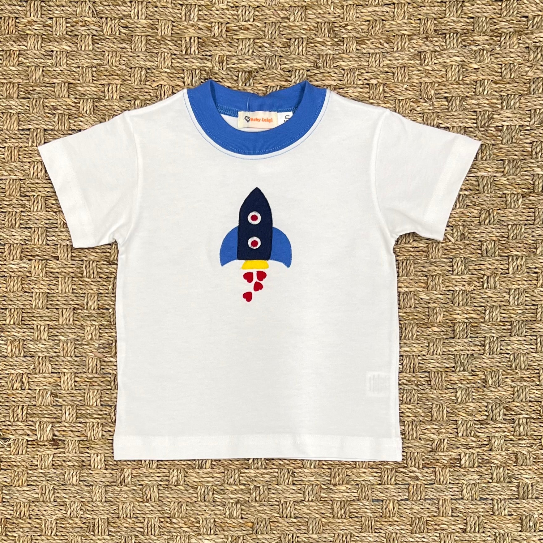 Luigi Tee, Rocket Ship with Hearts on White with Medium Blue
