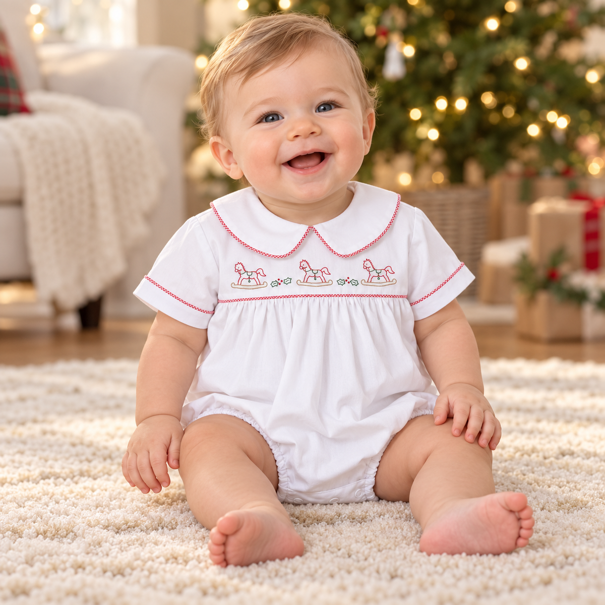 Auraluz Red Check Bubble with Christmas Rocking Horse Embroidery