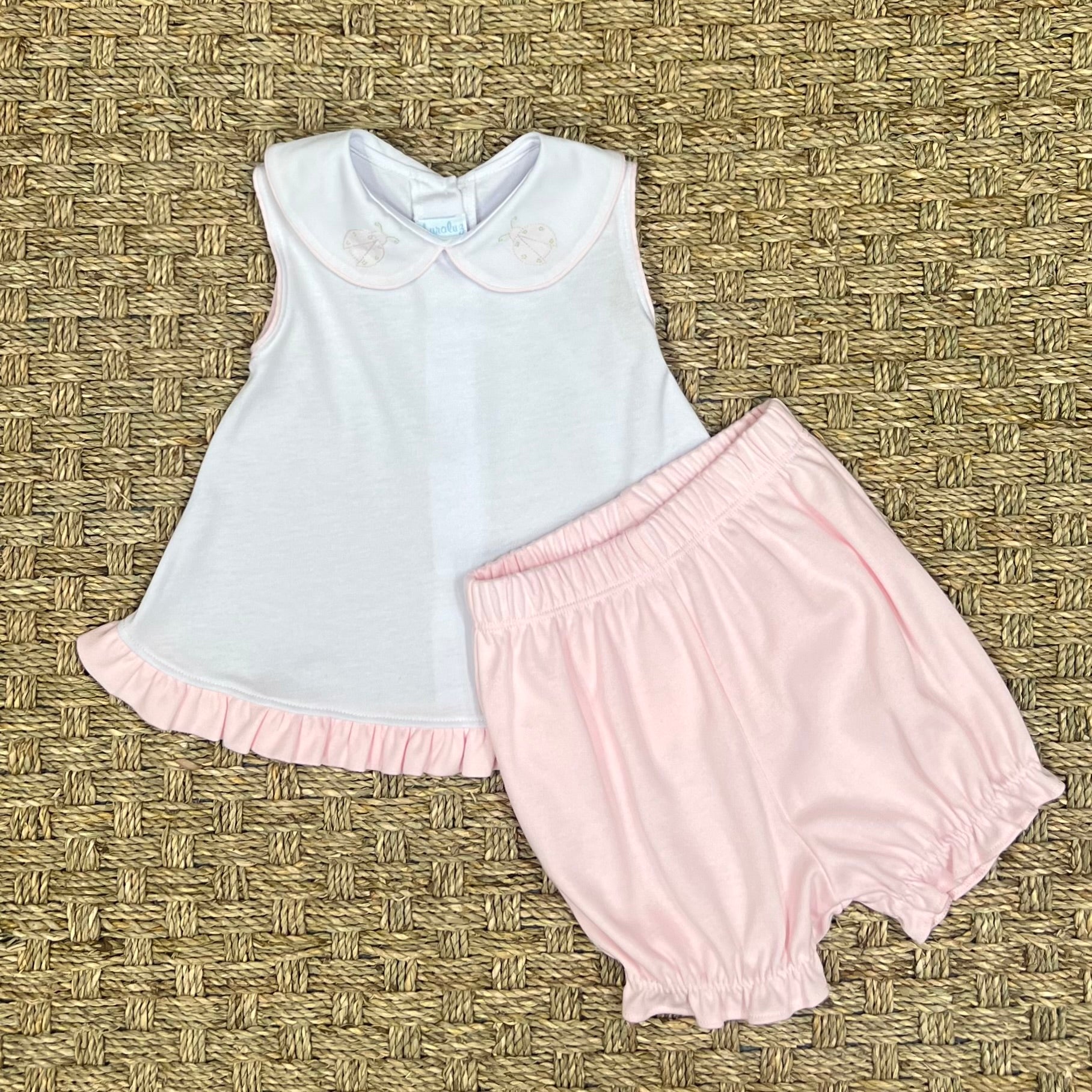 Auraluz Knit Two Piece Set, Pink & White with Ladybugs